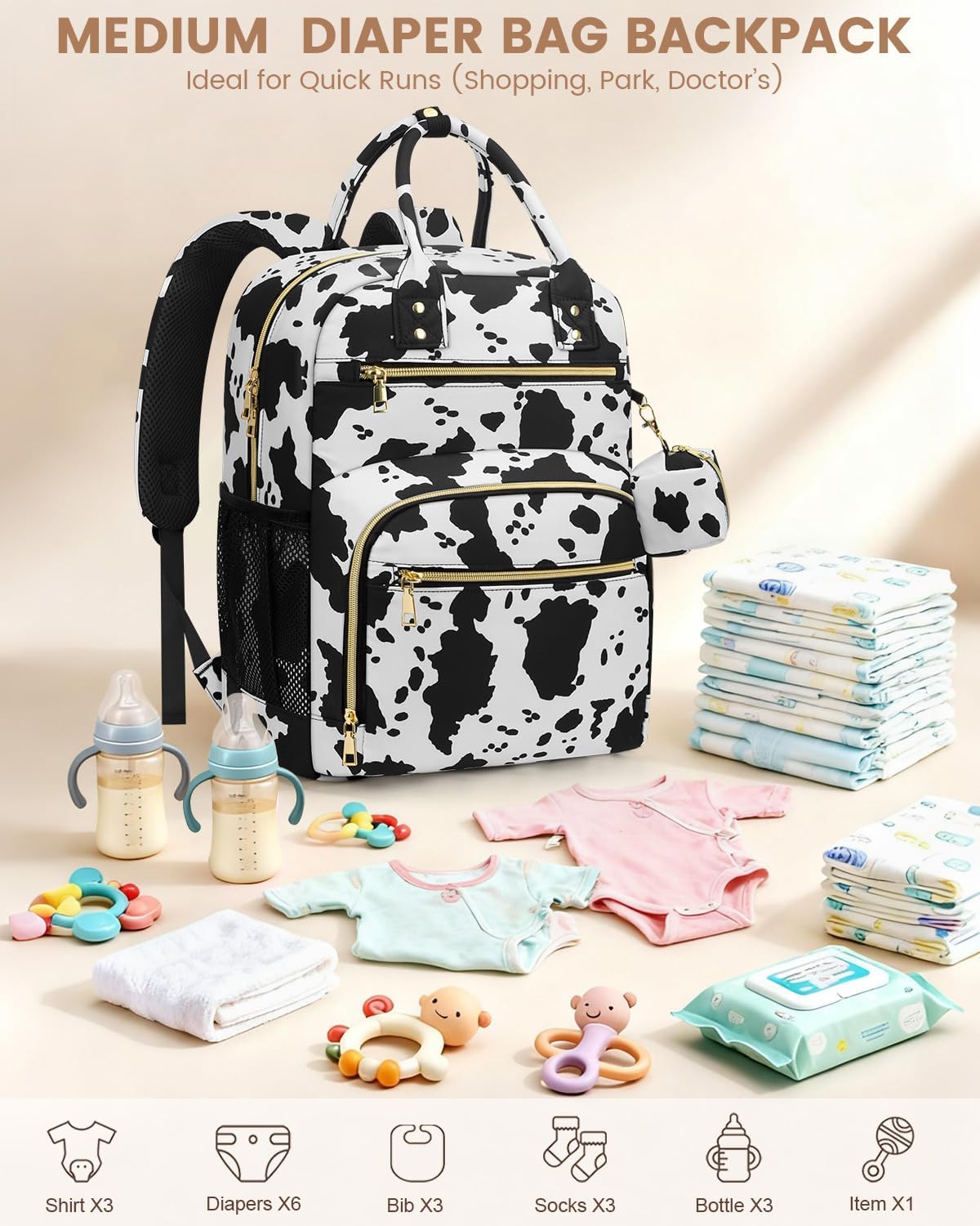 Pritent Diaper Bag Backpack,Baby Essentials Diapers Bag with Pacifier Case,Multipurpose Stylish Large Capacity Travel Backpack for Baby Girl/Boy(M-Cow Print)