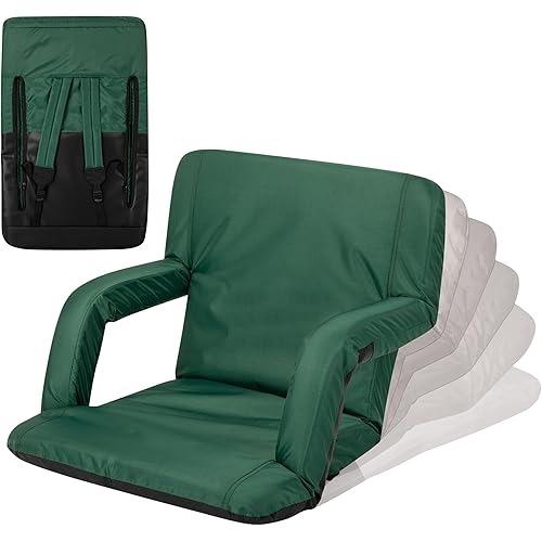 PICNIC TIME Ventura Portable Reclining Stadium Seat with Back Support, Folding Bleacher Chairs with Back and Cushion, Thick Padded Stadium Seat and Armrest, and Six Backrest Positions, (Hunter Green)