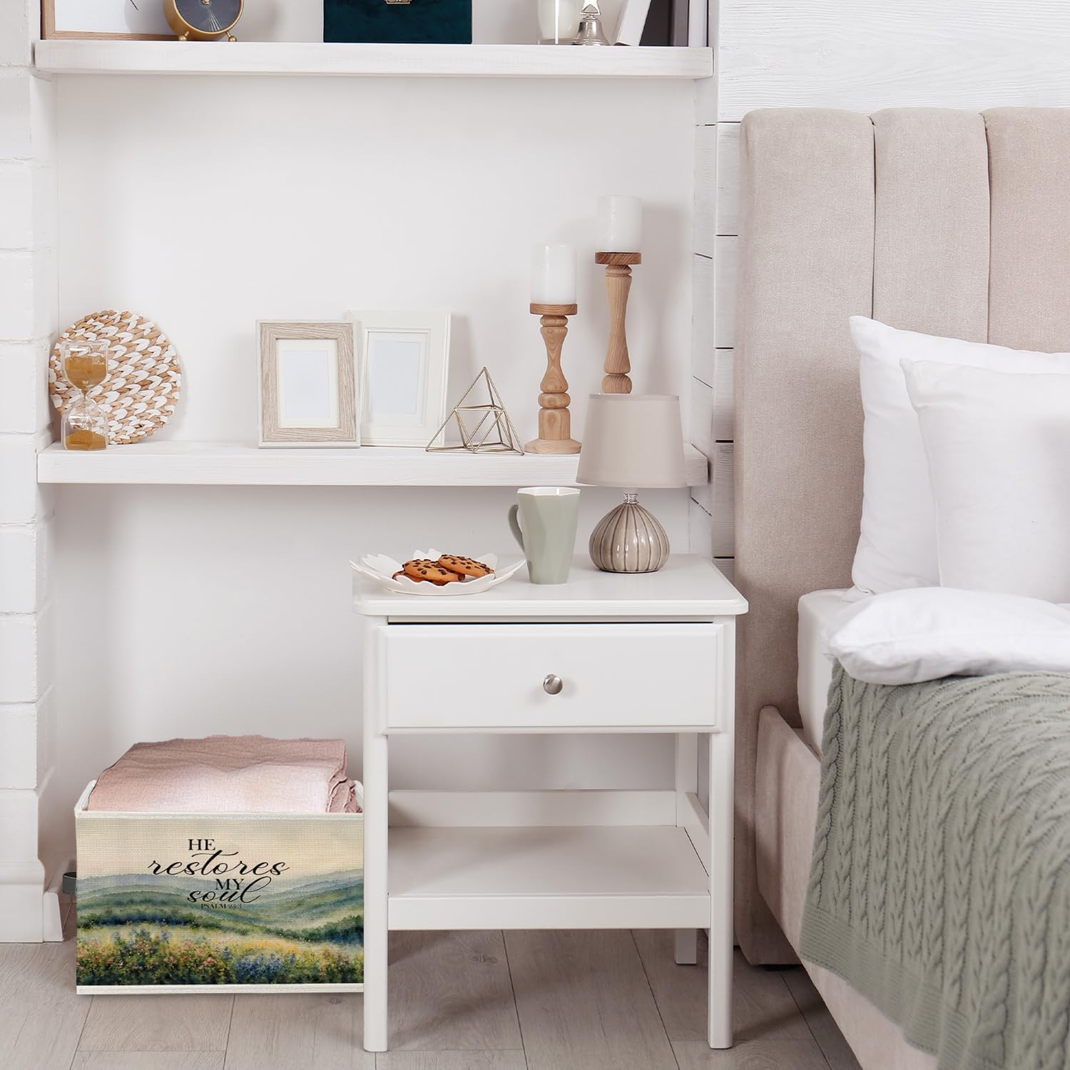 Mountain Wildflower Scenery Christian Storage Bin Box with Handles, He Restores My Soul Bible Verse Foldable Organizer Basket Toybox for Home Bedroom Bathroom Clothes Toys Books image 5