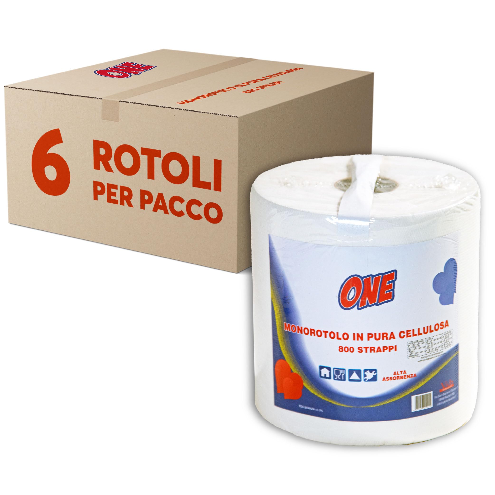 ONE - CARTA CUCINA asciugONE - Pacco da 6 x MAXI rotoli, 800 strappi per rotolo - Asciugatutto ad alta assorbenza, pura cellulosa - Resistente ed assorbente (800 strappi, Pacco da 6 bobine)