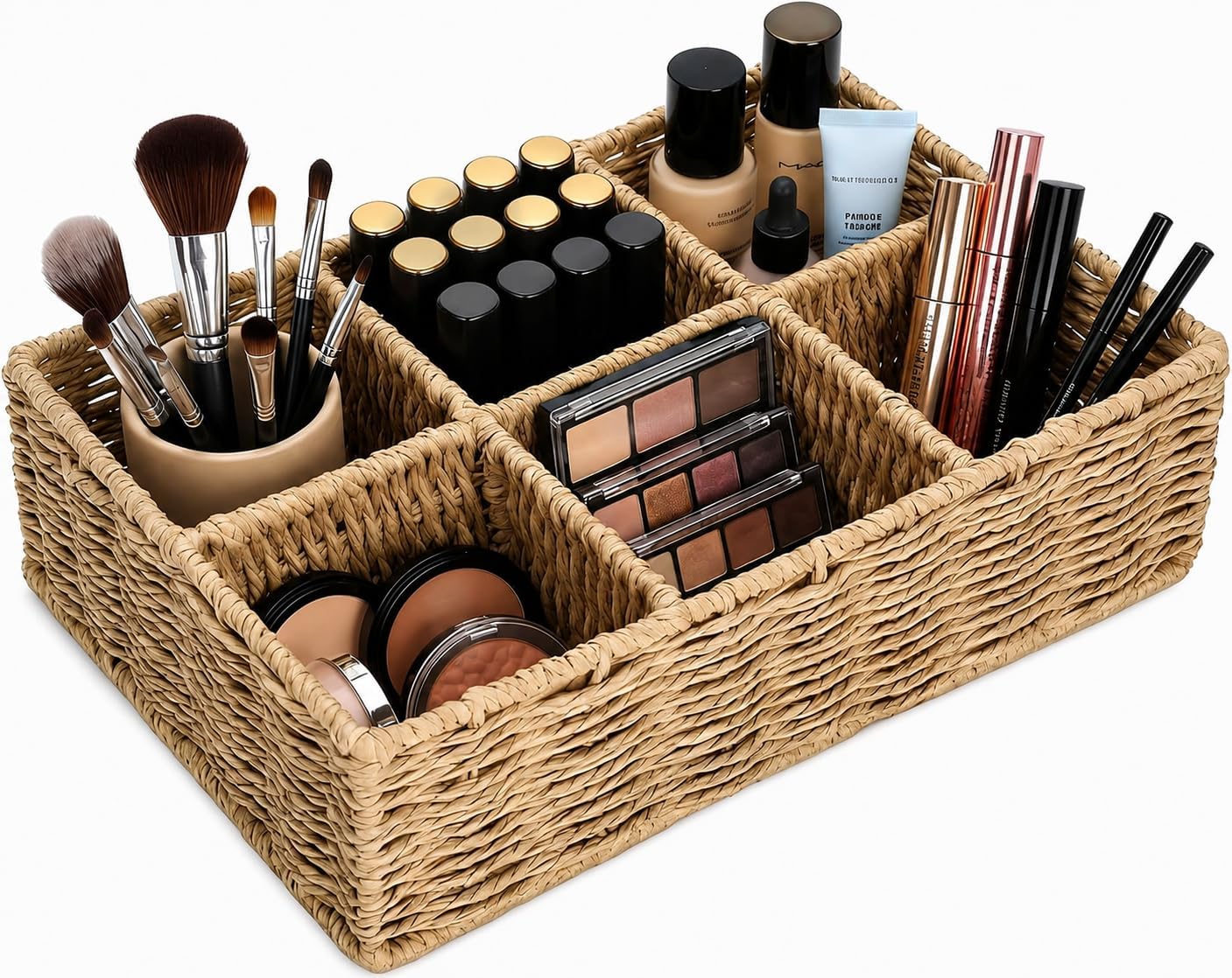 Makeup Organizer, Hand-woven Wicker Basket for Dresser and Bathroom Countertop Organizer, 6 Compartments Makeup Brush Holder Skincare Organizer, Cosmetic Storage for Lipstick Eyeshadow Palette