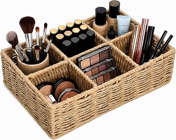Makeup Organizer, Hand-woven Wicker Basket for Dresser and Bathroom Countertop Organizer, 6 Compartments Makeup Brush Holder Skincare Organizer, Cosmetic Storage for Lipstick Eyeshadow Palette