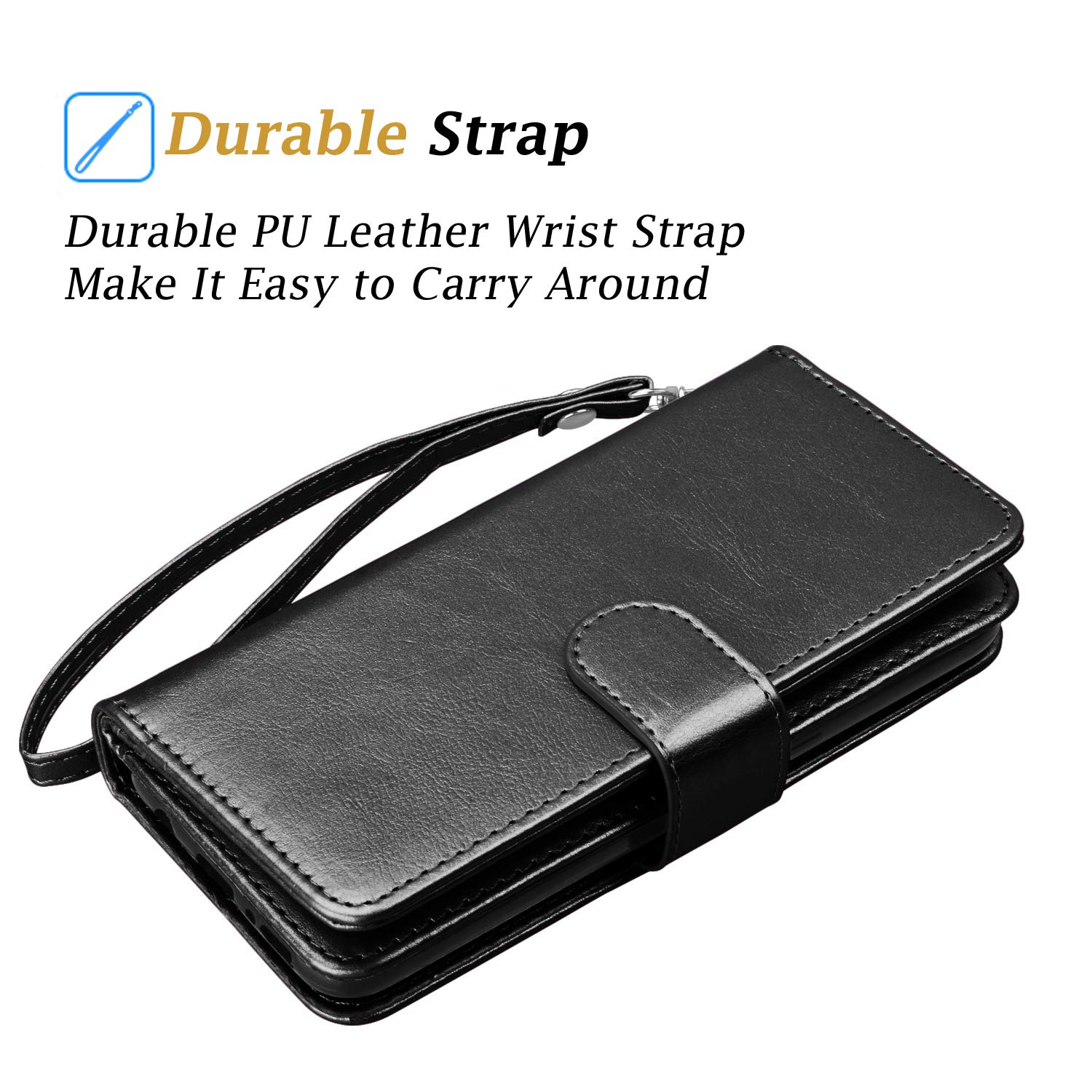 Galaxy A21 Case, for Samsung Galaxy A21 Wallet Case, Takfox PU Leather w 9 ID Credit Card Holder Slots Folio Flip Magnetic Detachable Hard Cover Case & [Wrist Strap] for Samsung A21-Black