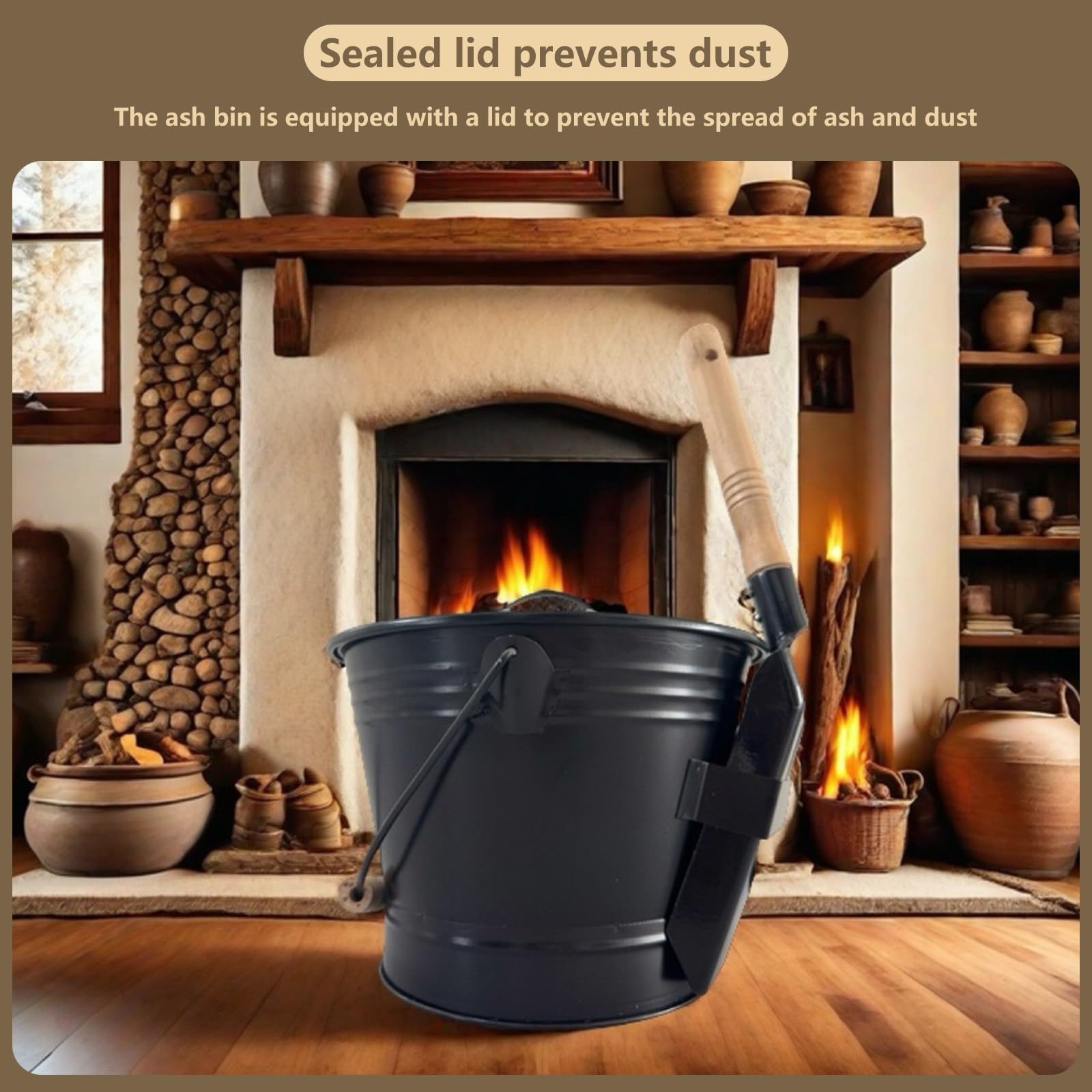 Secchio per Cenere Camino con Coperchio Materiale Metallico Grande capacità con Manico Accessori Camino Legna Resistente alle Alte Temperature