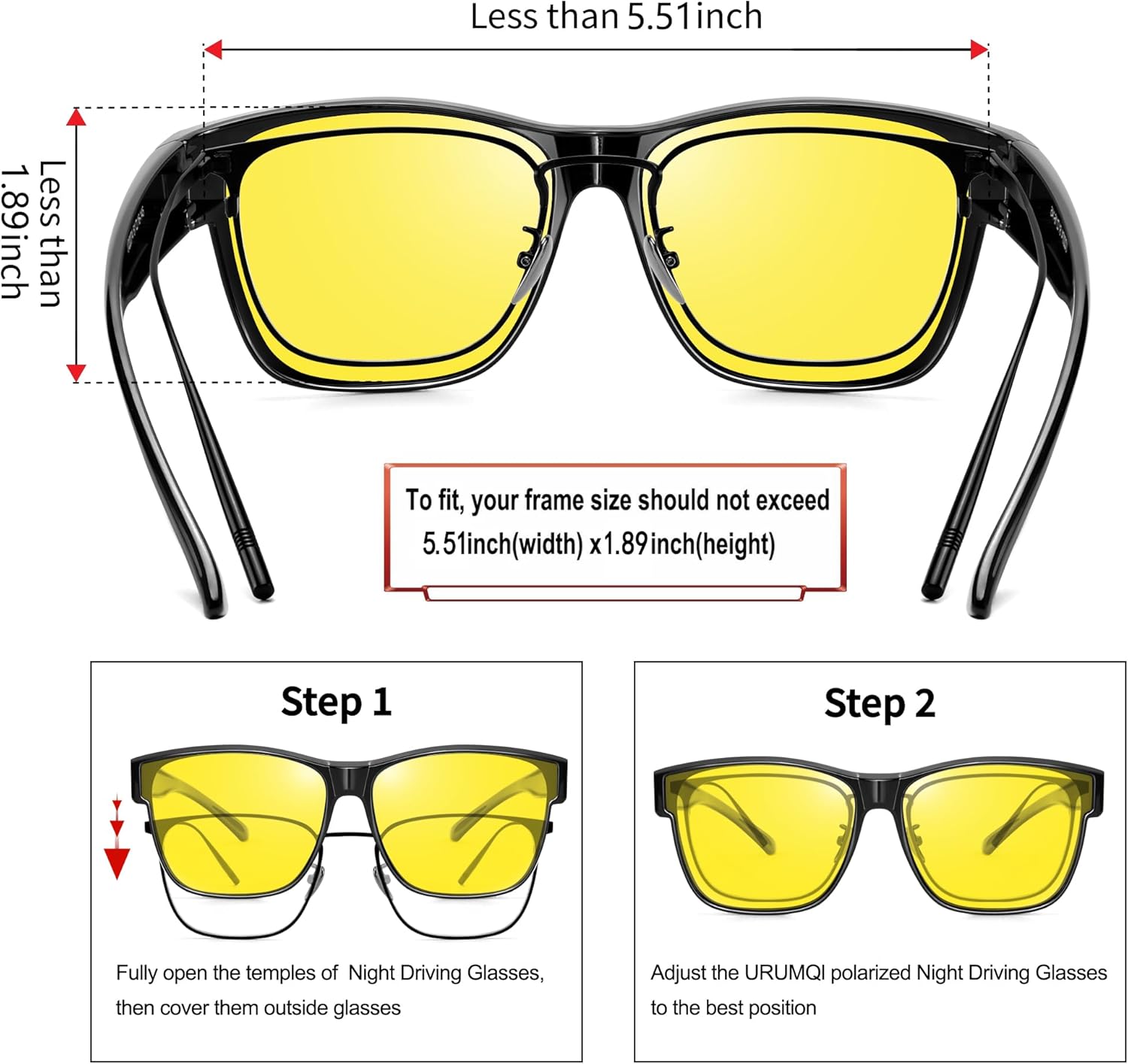 URUMQI Night Vision Driving Glasses Fit Over Eyeglasses for Men Women, Anti Glare Polarized Nighttime Glasses Yellow Lens - Image 3