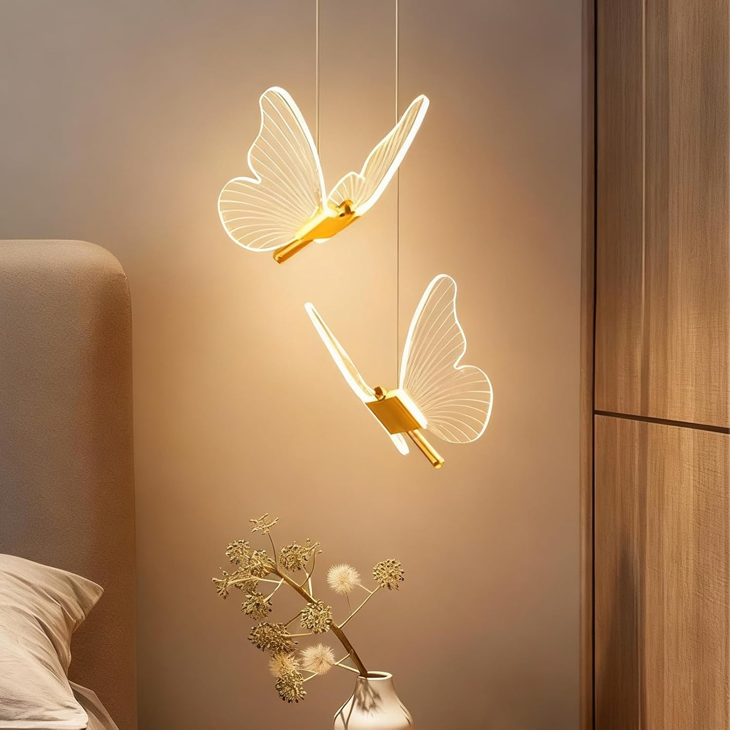 Gold Chandelier Pendant Light, Double Headed Butterfly Pendant Light, LED Acrylic Gold Hanging Ceiling Lamp for Bedroom, Living Room, Kitchen Island (Classic)