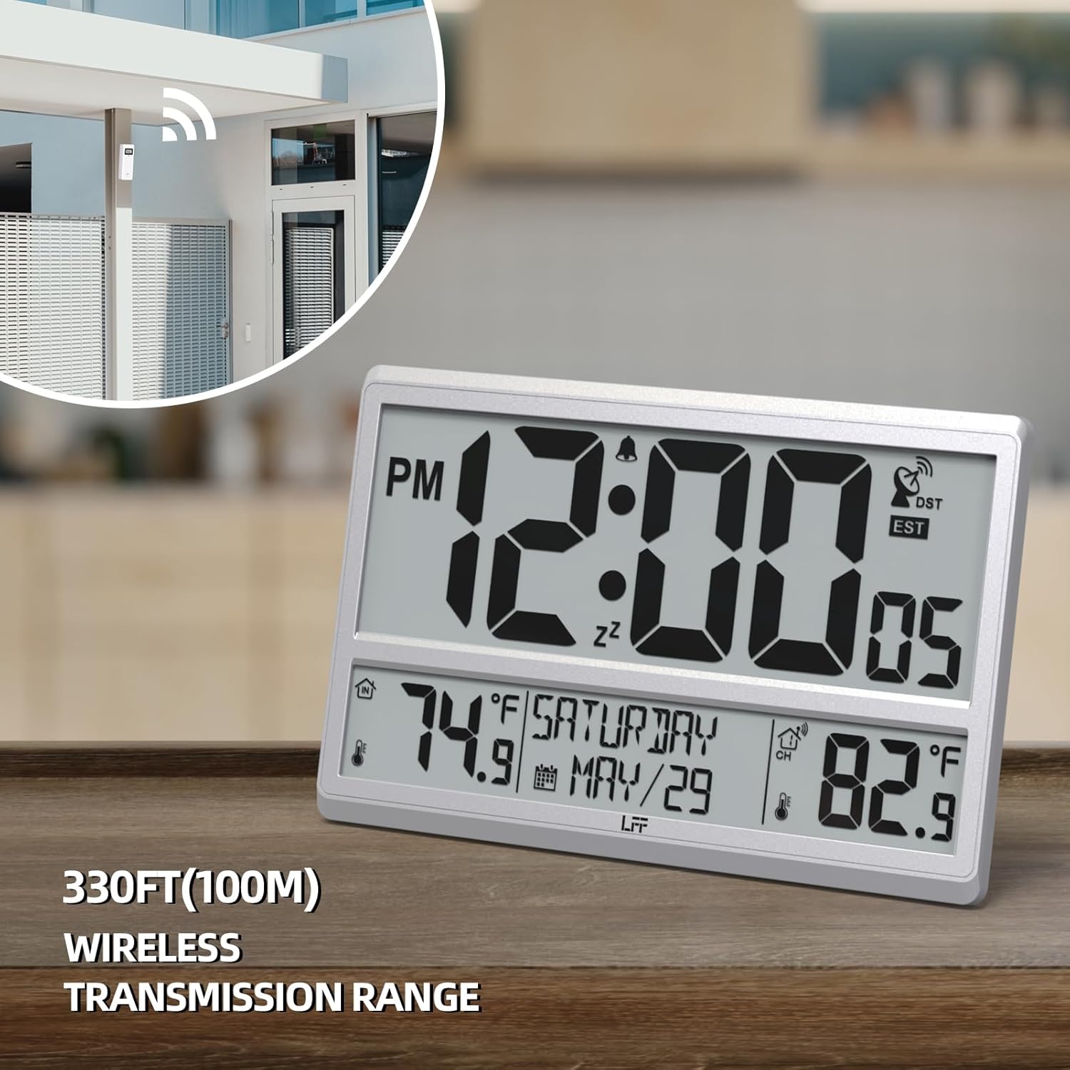 LFF Atomic Clock 4.5" Numbers, Atomic Wall Clock with Indoor & Outdoor Temperature，Never Needs Setting, Battery Operated, Date, Time, Wireless Outdoor Sensor, Jumbo Display Easy to Read