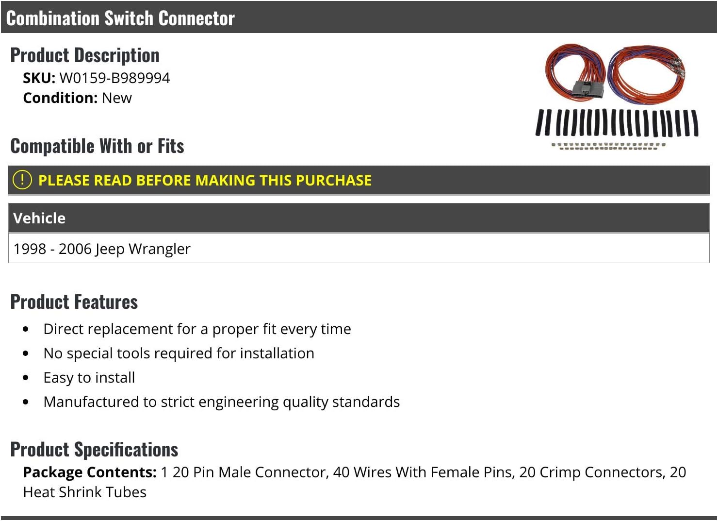 Marketplace Auto Parts Combination Switch Connector - 20 Pin Male Connector - 40 Wires with Female Pins - 20 Crimp Connectors - 20 Heat Shrink Tubes - Compatible with 1998-2006 Jeep Wrangler