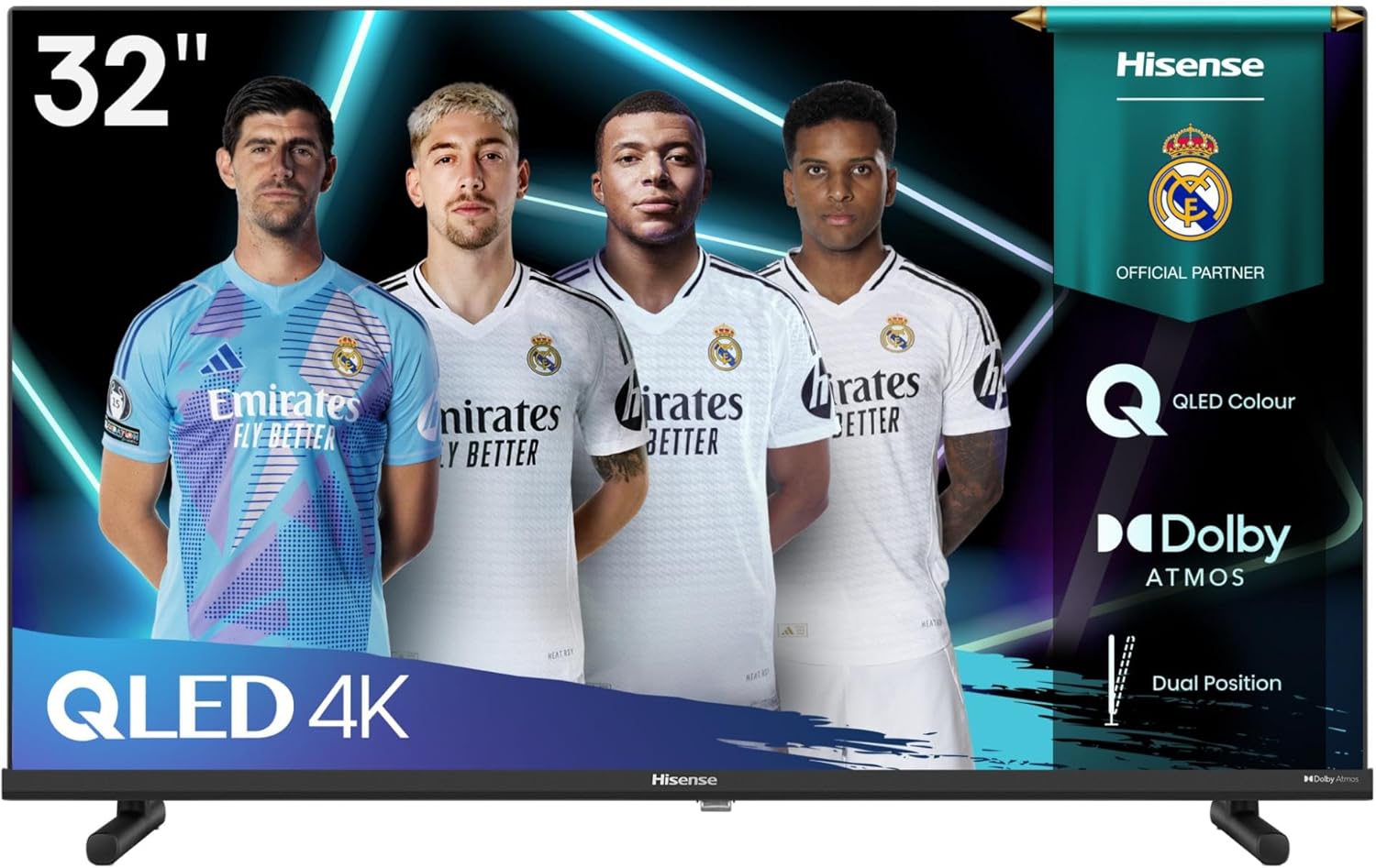 Hisense 32A5Q QLED Smart TV, 32-inch, displaying four football players, with 'QLED Colour', 'Dolby ATMOS', and 'Dual Position' features highlighted on the right side.
