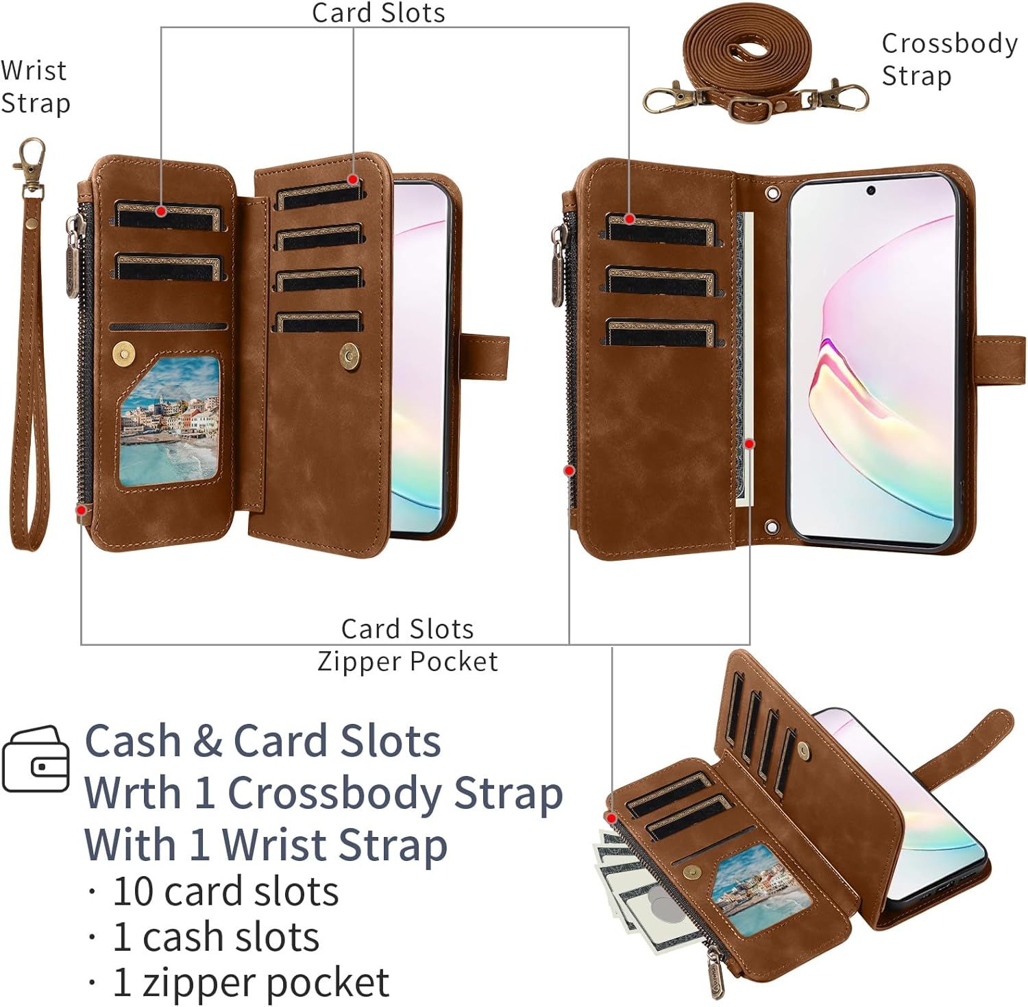 Asuwish Phone Case for Samsung Galaxy Note 10 Plus Note10+ 5G Zipper Wallet Cell Cover with Tempered Glass Screen Protector Crossbody Strap Flip Card Holder Note10 + Notes 10+ Ten Not S10 10Plus Brown
