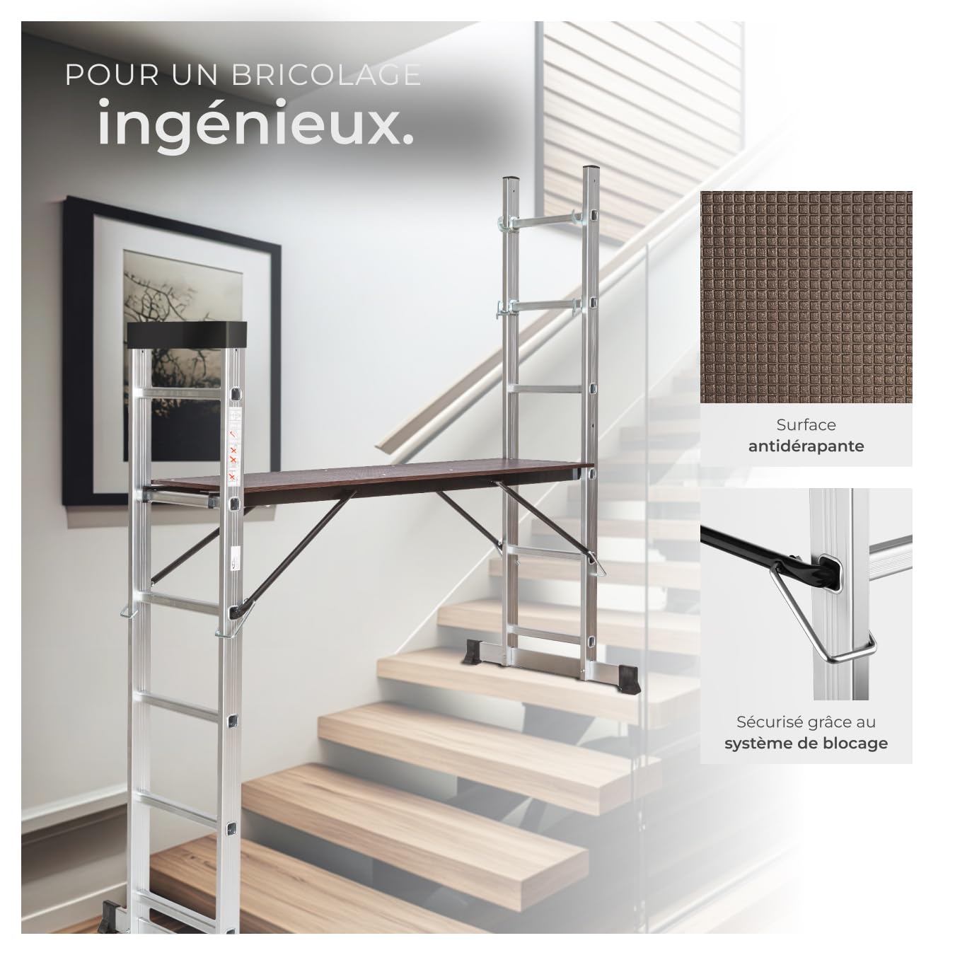 tectake® Échelle Multifonction 3 en 1 Échafaudage Roulant en Acier Plateforme de Travail Antidérapante Échelle Téléscopique Échelle Pliante Escabeau Pliant Bricolage Peinture Toiture