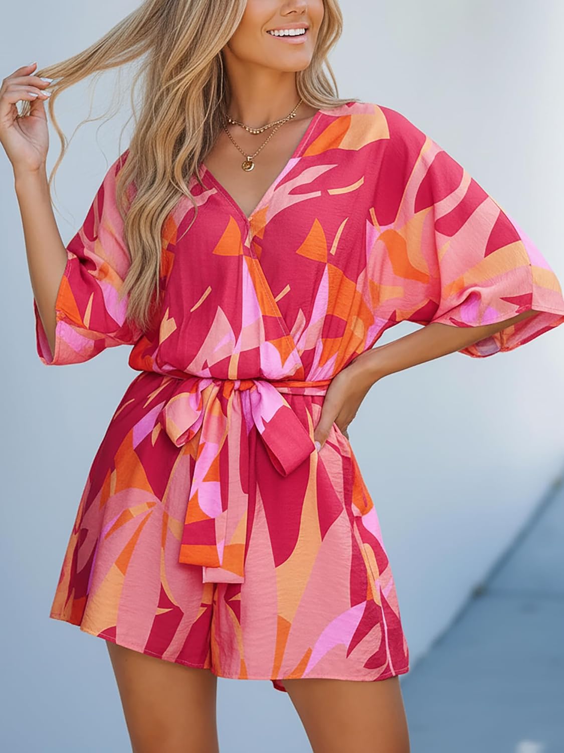 CUPSHE Women's Mini Romper Summer Beach Vacation Loose Fit Half Sleeve V Neck Resort Wear Tropical Holiday Short Jumpsuit