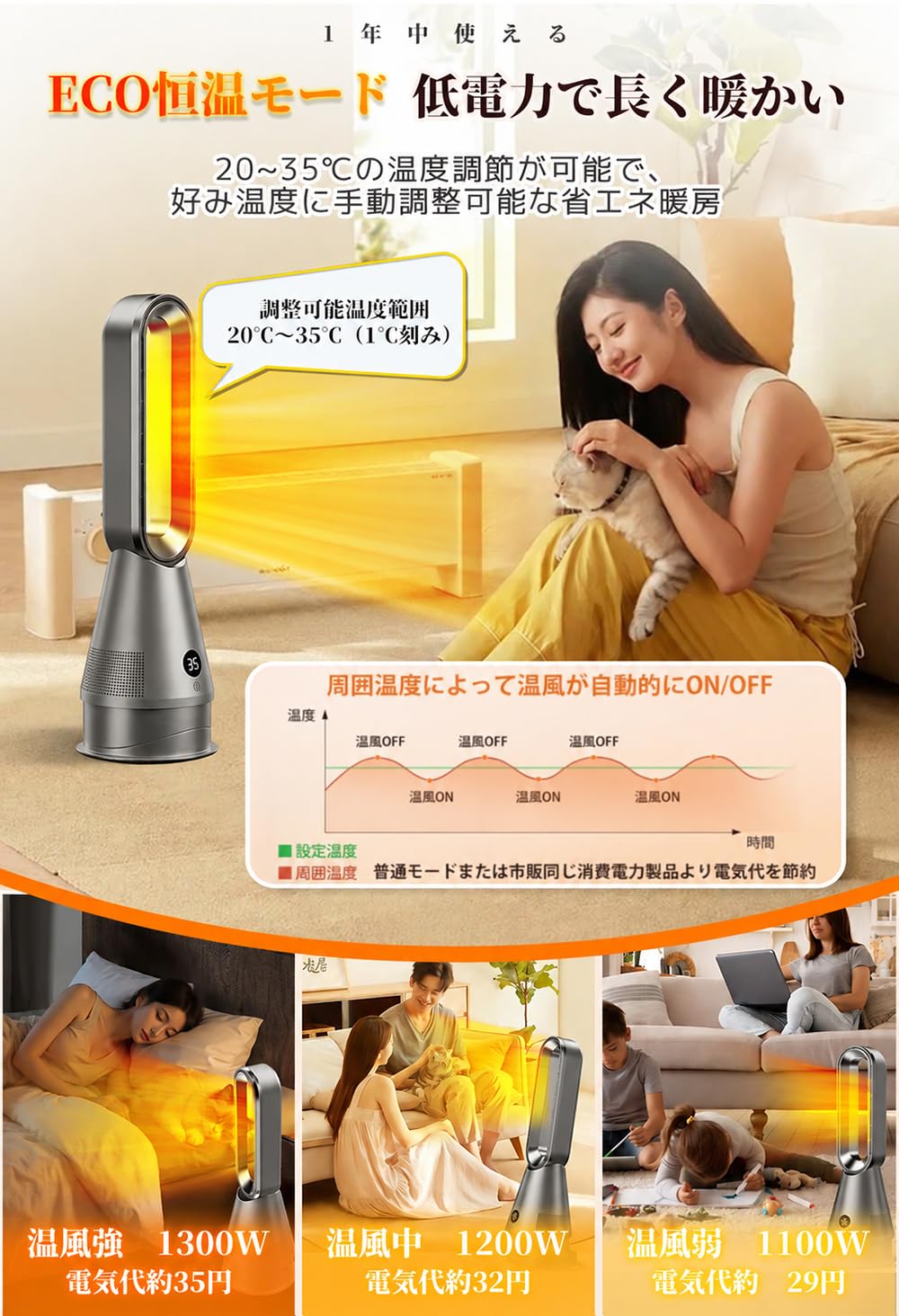Amazon | 電気ファンヒーター 羽なし扇風機 タワーファン 3段階