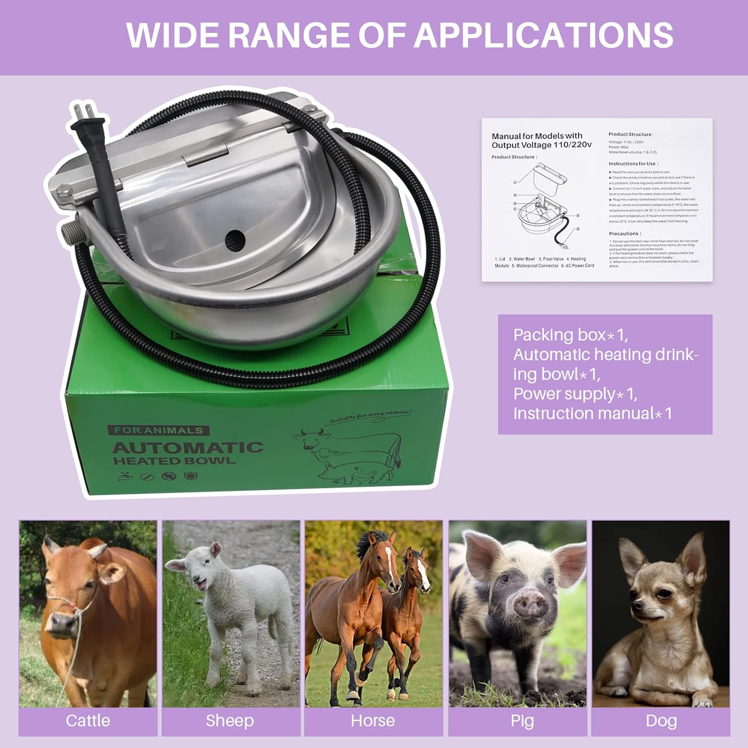 PAULOZYN Heated Automatic Livestock Waterer Dog Water Bowl Pet Dispenser Outdoor Winter Stainless Steel Thermal-Bowl for Animals Horse Cattle Cow Goat Sheep Pig, with Float Ball Valves : Pet Supplies