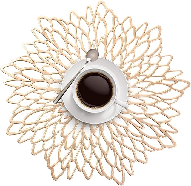 MI CASA Placemats Set of 6 PVC Vinyl Round Leaf Place Mats, Washable Dining Table Coffee Mats, Heat-resistant Non-slip Table Mats for Kitchen Wedding Christmas Parties Table Decoration, Gold