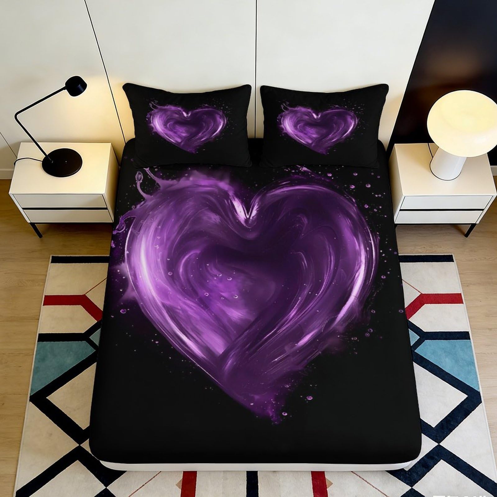 3D Printed Purple Heart Fitted Sheet Microfiber Deep Pocket Full Wrap Bedroom Bedding Black Heart Mattress Fitted Cover for Adults Teens 200x200x25cm