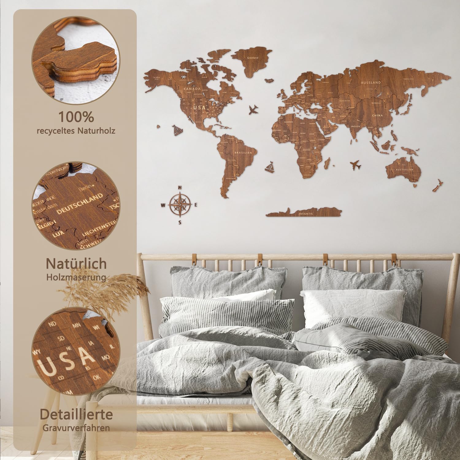 Creawoo Deutsche Holz Weltkarte Wand, handgefertigte Wanddekoration aus Walnussholz Weltkarte, Wandkunst Wanddekoration für Haus & Büro, 150 x 85 cm