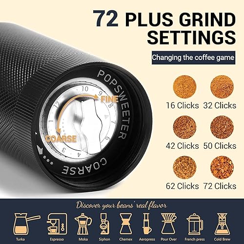 Miniatura 4 de Popsweeter Molinillo de café manual, rebabas de cono de acero inoxidable reemplazables de 7 celdas, cuerpo de una pieza de metal, ajuste de origen,