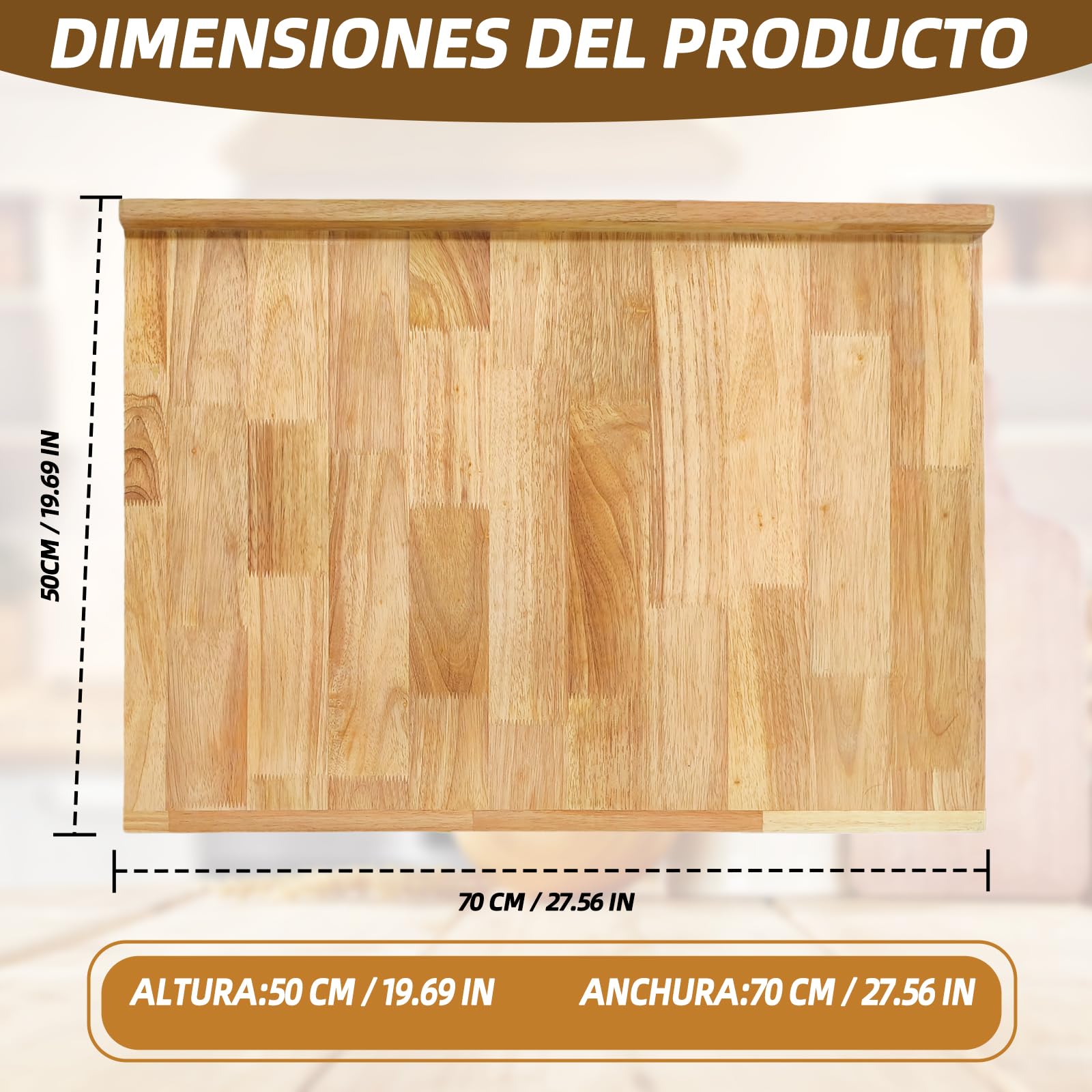 Tabla de madera para repostería 70x50 cm, tabla para amasar, tabla de cortar y tabla de servir – Ideal para estirar masa, cortar y servir. Gran superficie para pan, bollería y aperitivos.
