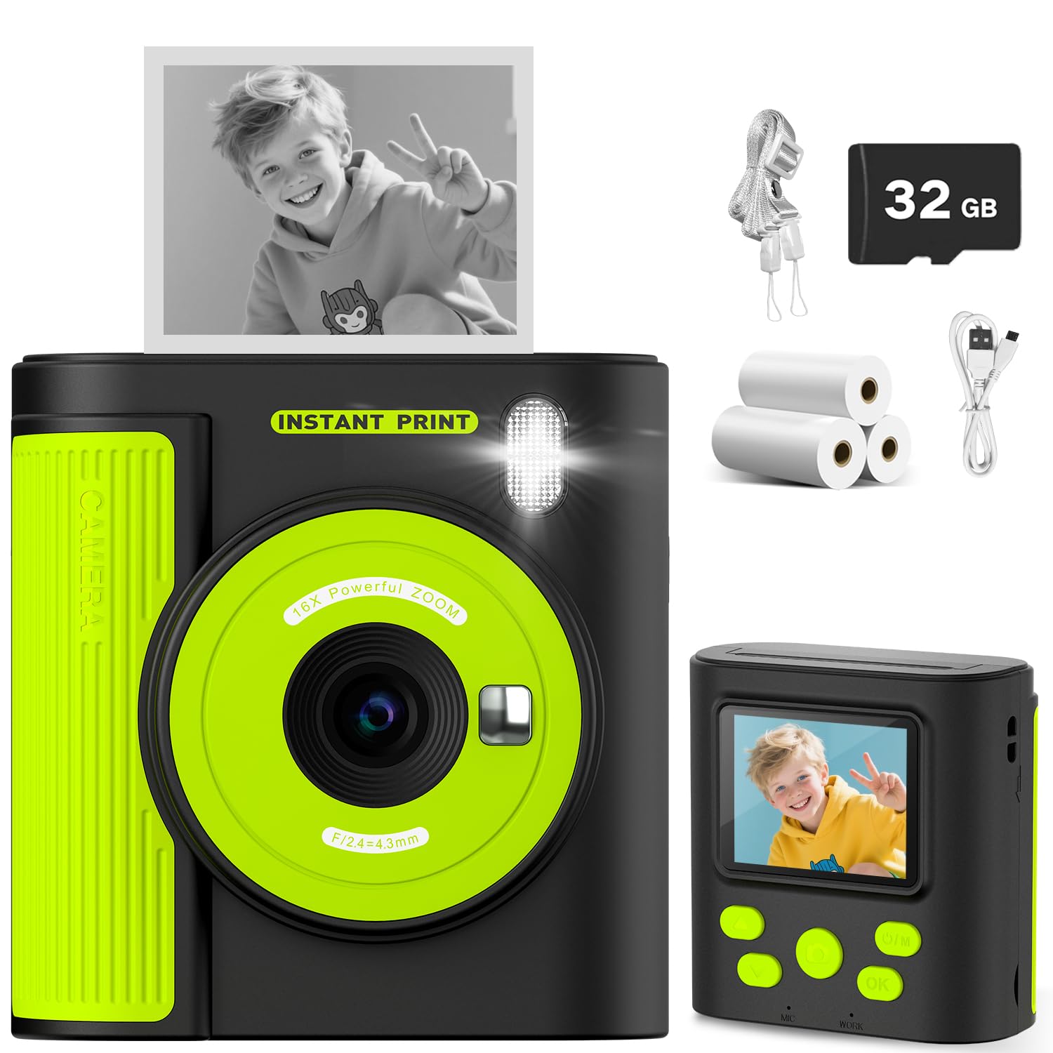 Zicor Kids Camera Instant Print, HD Digital Video & Instant Print Camera for Kids, Fun Christmas Birthday Gifts for Boys and Girls, Comes with 32GB SD
