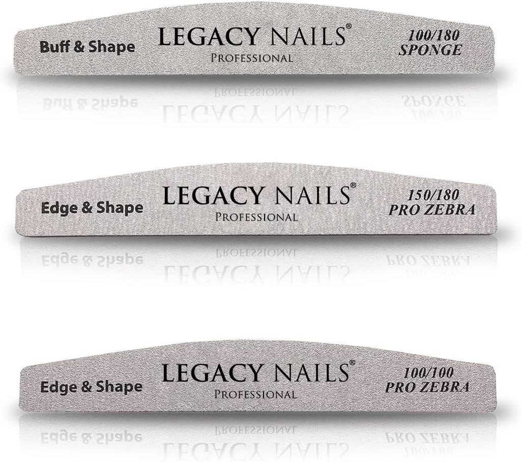 Legacy Nails 3-in-1 Professional Nail File Set – Half Moon 100/180 Sponge Buffer, Pro Zebra Nail File 100/100 & 150/180 – Buff, Shape & Smooth for Acrylic, Gel & Natural Nails – Salon-Quality Manicure