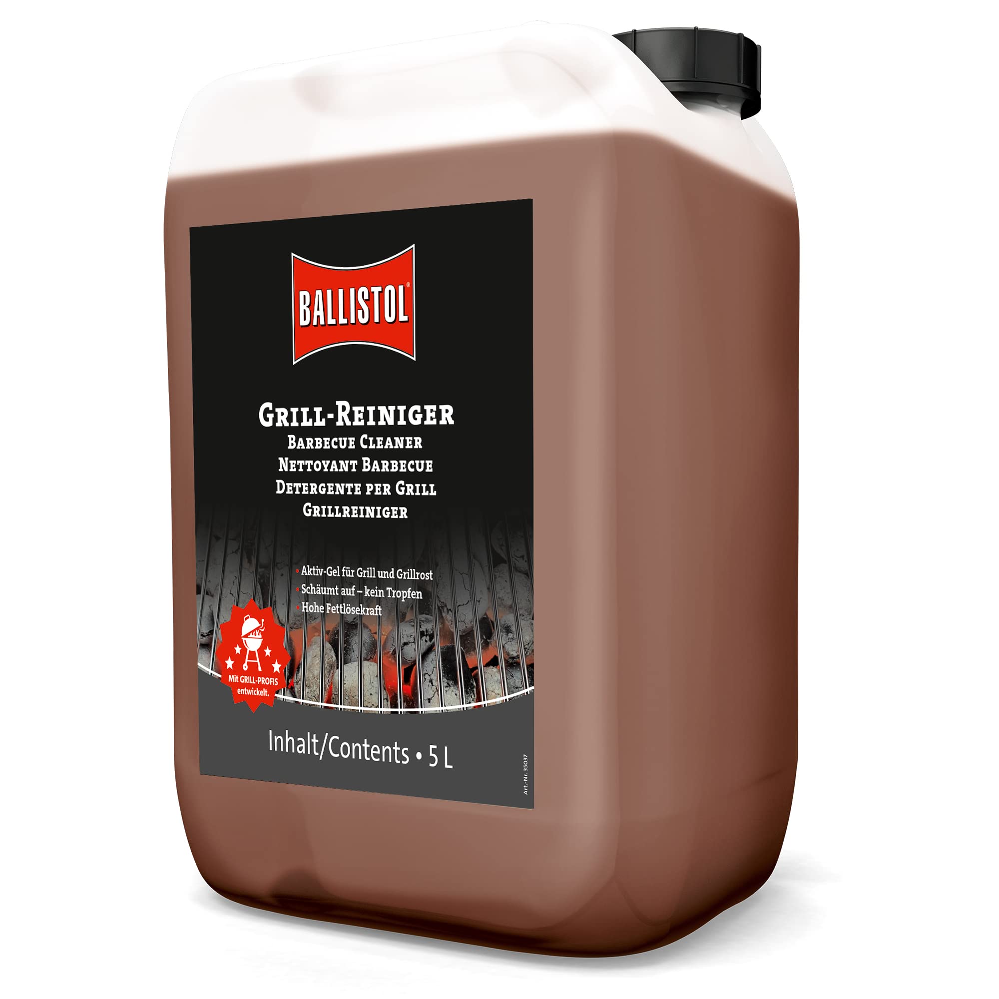 BALLISTOL 25441 Grill-Reiniger 5L Kanister – Aktiv-Schaum BBQ-Reiniger für Rost, Grill, Gasdüsen, Edelstahl, Emaille