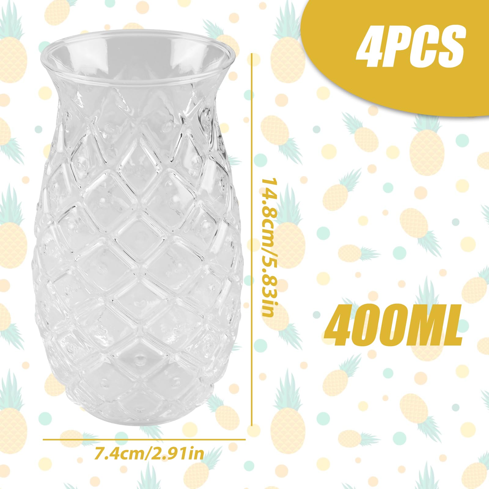 Set di 4 bicchieri di ananas: 400 ml, trasparenti da cocktail con rilievo di ananas, riutilizzabili, per feste, succhi di frutta, long drink, trasparenti in estate, perfetti per casa,