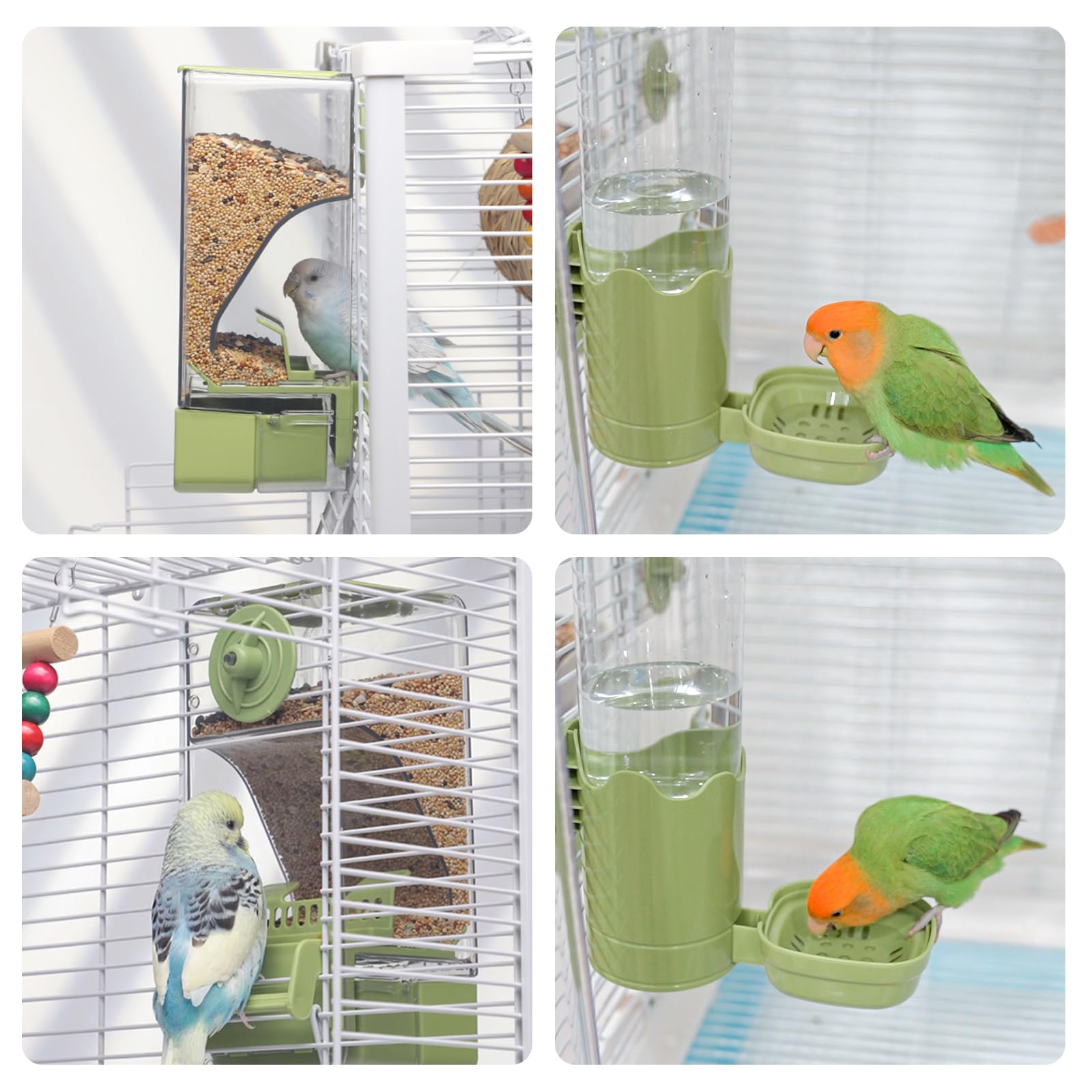 Comedero automático y dispensador de Agua para pájaros, comedero para Jaula de pájaros con Percha para Periquito, Canario, cacatúa, pinzón (Verde)