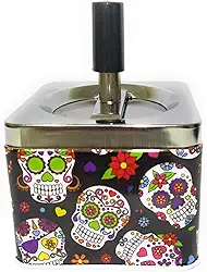 Cinzeiro Metal C/Tampa Anti-Cheiro Giratória À Prova De Vento 8,5x7cm Fechado Automático Caveira Dado Cartas Naipes Premium (Gothic Mexican)