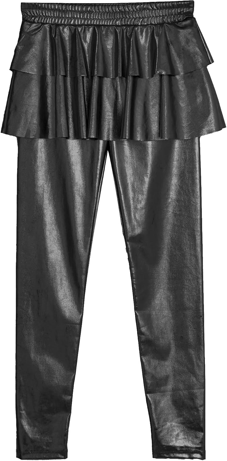 Freebily Kids Girls Shiny Metallic Leggings with Ruffle Tiered Skirt High Waist Stretchy Pantskirt Sparkly Pants