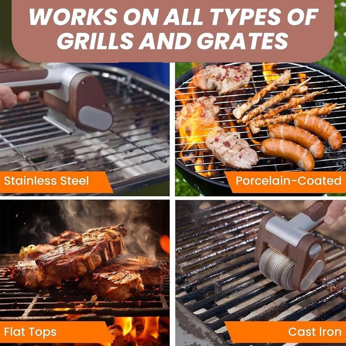Elektrische Grillreinigungsbürste, schnurlose borstenfreie Spinnbürste mit 350 U/min Edelstahlrolle für Grill, abnehmbares Design und LED-Licht, 2 Edelstahlrollen im Lieferumfang enthalten