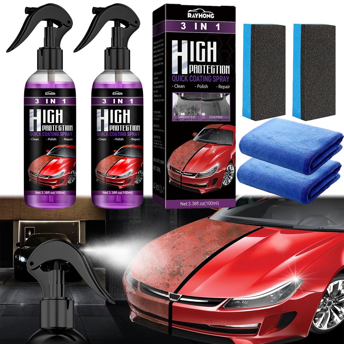 HONGECB High Protection Spray 3 w 1, Nano Ceramic Spray Coating, Renowacja Pro Auto Nadwozie, Polerowanie samochodu Powłoka natryskowa, polerka naprawa Pro Auto Motocykl karoseria, 2 szt