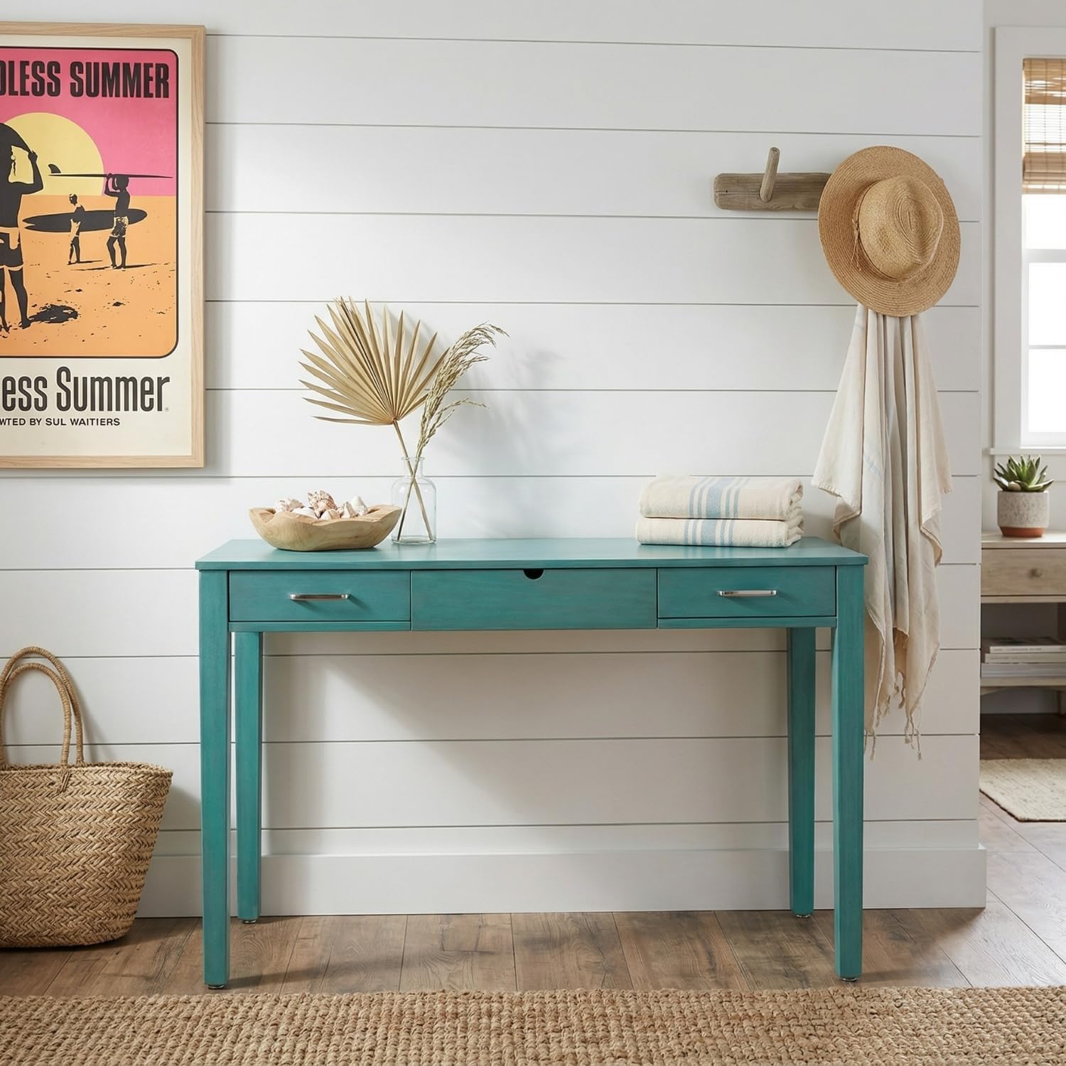 Hives and Honey Parsons Vanity Desk, Lift-Top Mirror, Storage, USB & Power Outlet, 2 Drawers, Smooth Glide, Modern Wood Grain Design, Brushed Chrome Hardware, Makeup & Dressing Table, Turquoise