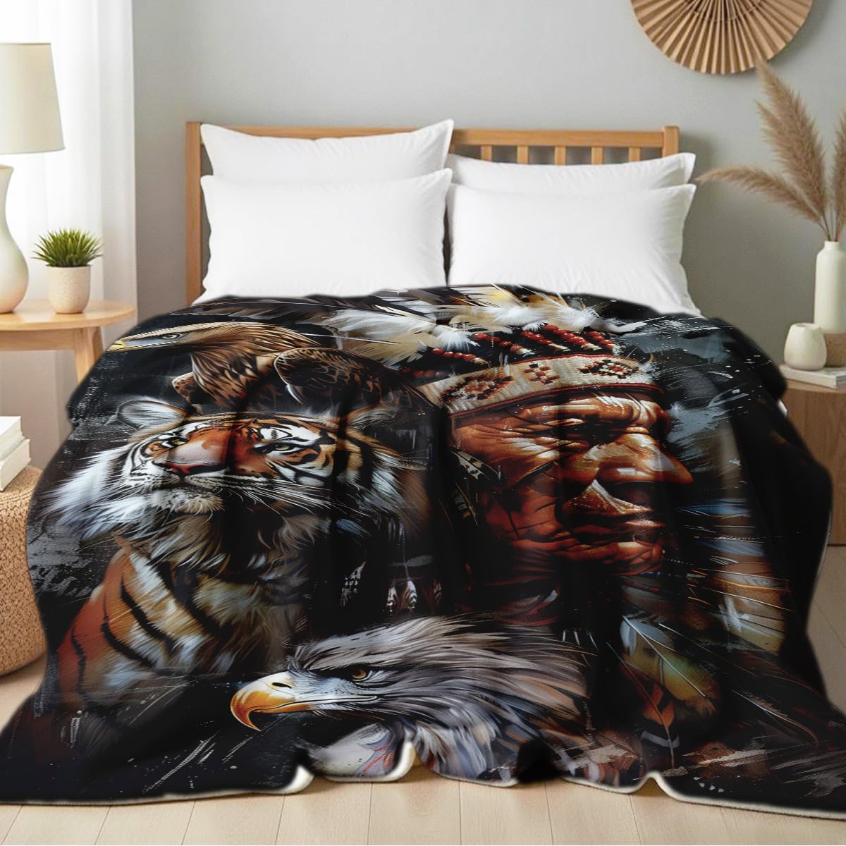 Native American Flannel Blanket Indian Tribal Chief Print Blanket Throw for Couch Bed Soft Bedding Decor Native American Gifts for Boys Men Adults (49"x59") - Image 2