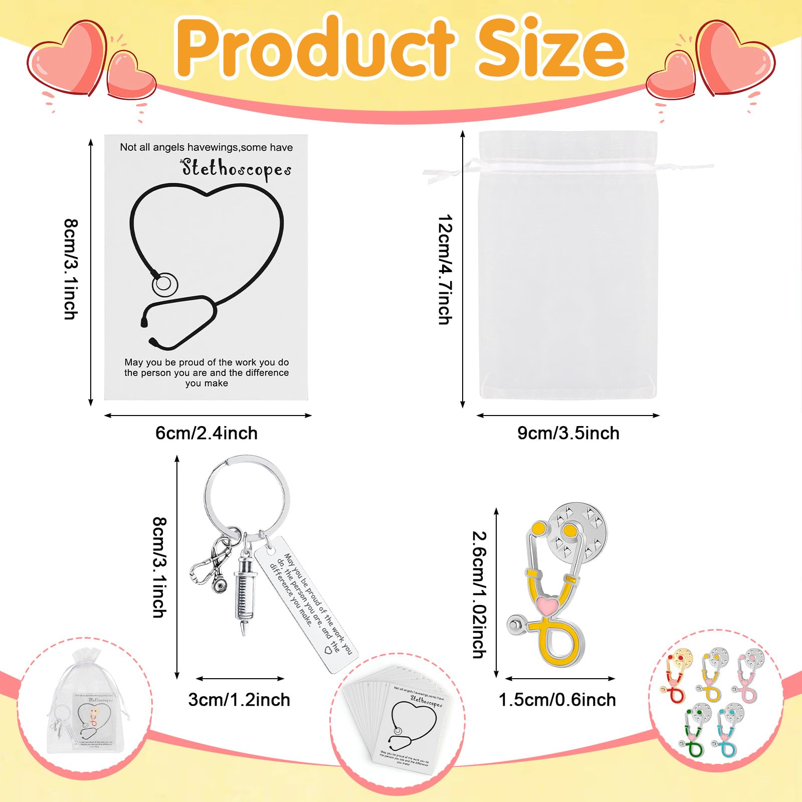 20 Sets Nurse Thank You Appreciation Gifts 20 Nurse Keychains 20 Stethoscope Pins 20 Thank You Cards 20 Organza Bags - Image 2
