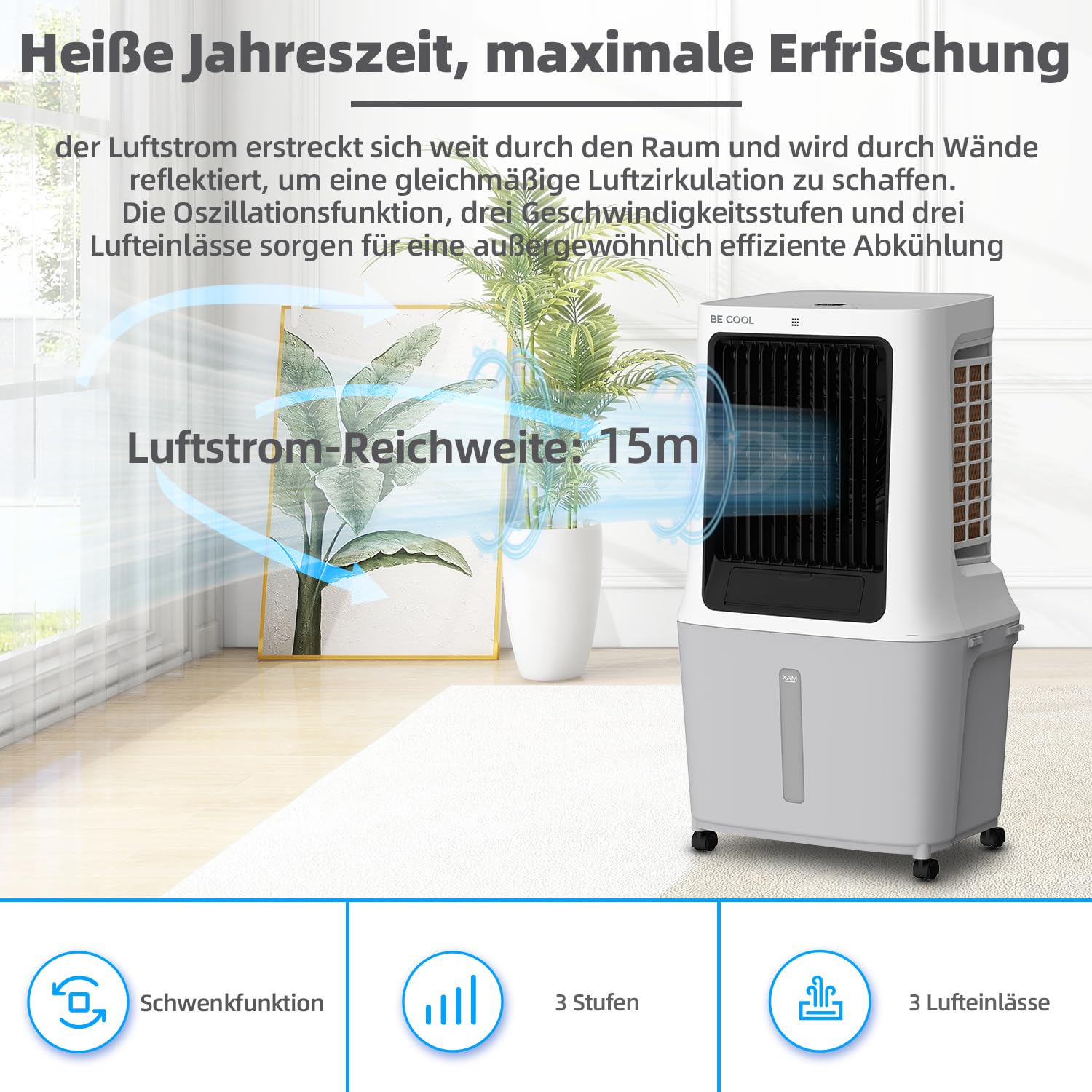 BE COOL Luftkühler | 30L Wassertank | 120W | WiFi-Steuerung | 1800 m³/h Luftzirkulation | 15m Reichweite | Trockenluftfunktion | LED-Display | Timer | Fernbedienung | BC30ACP2501W