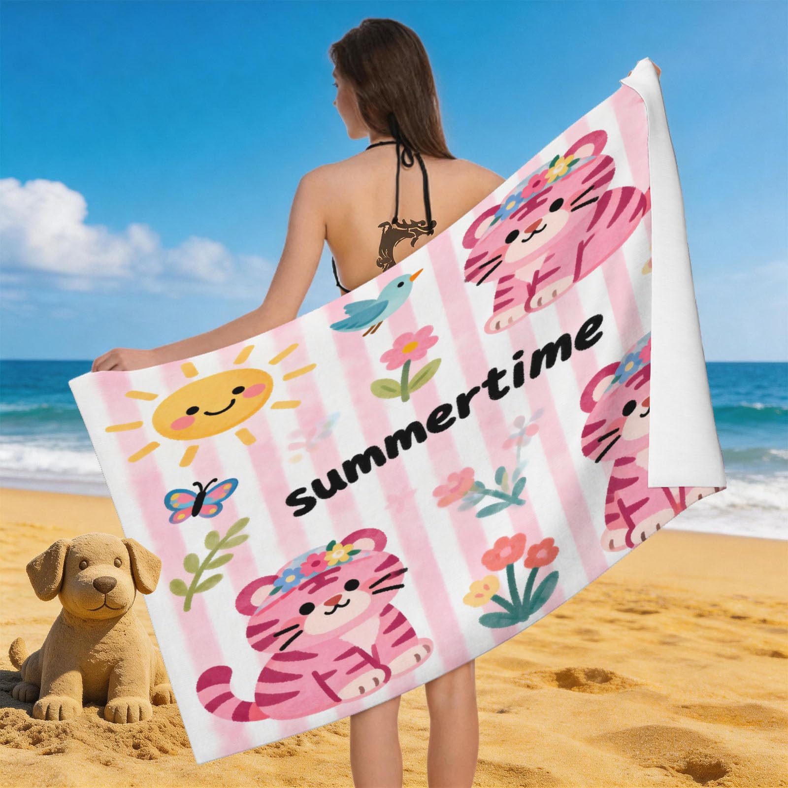 Leichong 3D Cartoon Tiger Beach Towel Microfiber Soft Quick Dry for Adults, Cute Bath Towel Lightweight Soft Absorbent for Travel Swimming Pool Sports, 75 x 150 cm