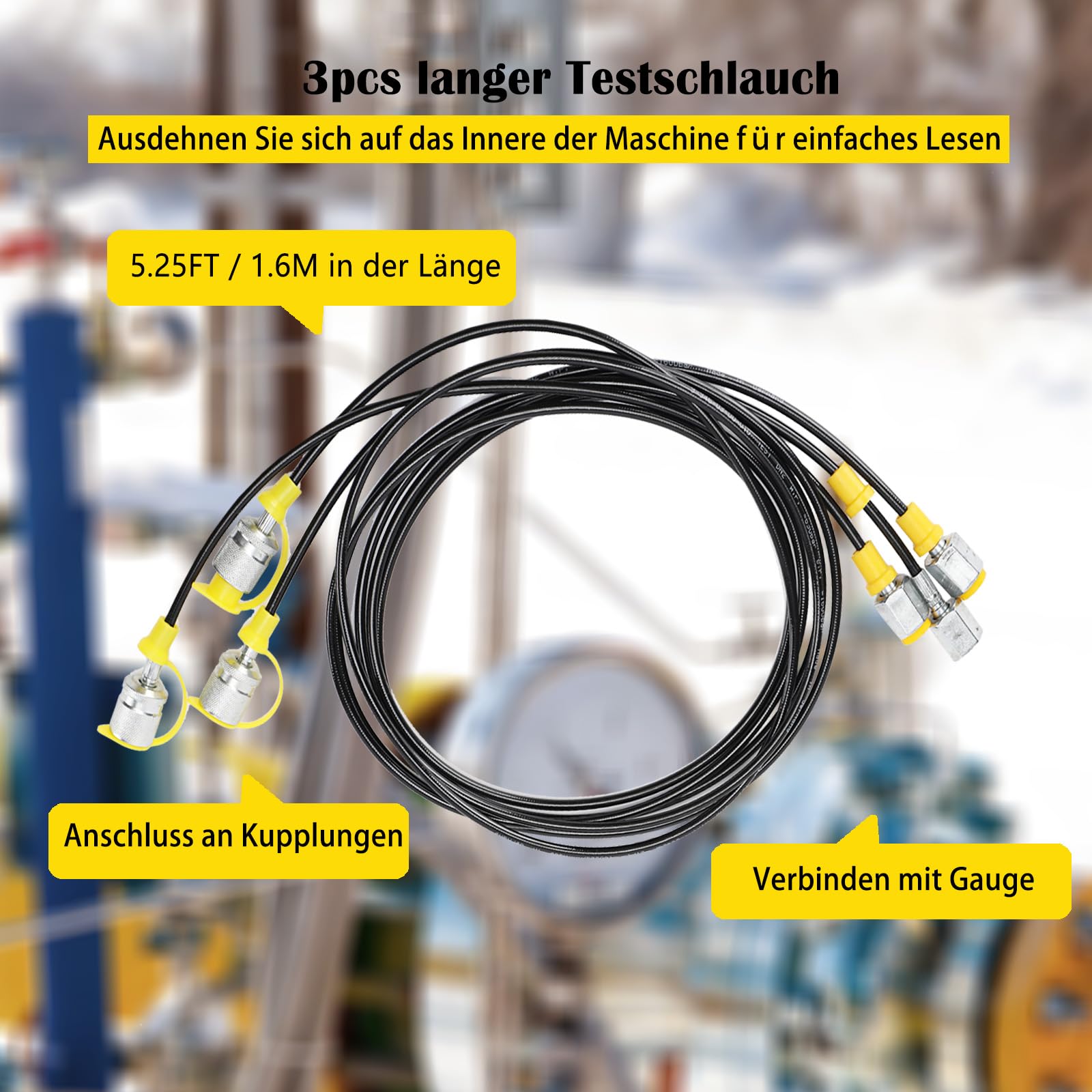 Hydraulisches Manometer-Kit, 8700PSI Stark Hydraulikdrucktestkit Druckprüfgerät, 250Bar-600Bar Edelstahl Manometer Testmessgerät Set mit Testkupplungen Testschlauch für Bagger Baumaschine