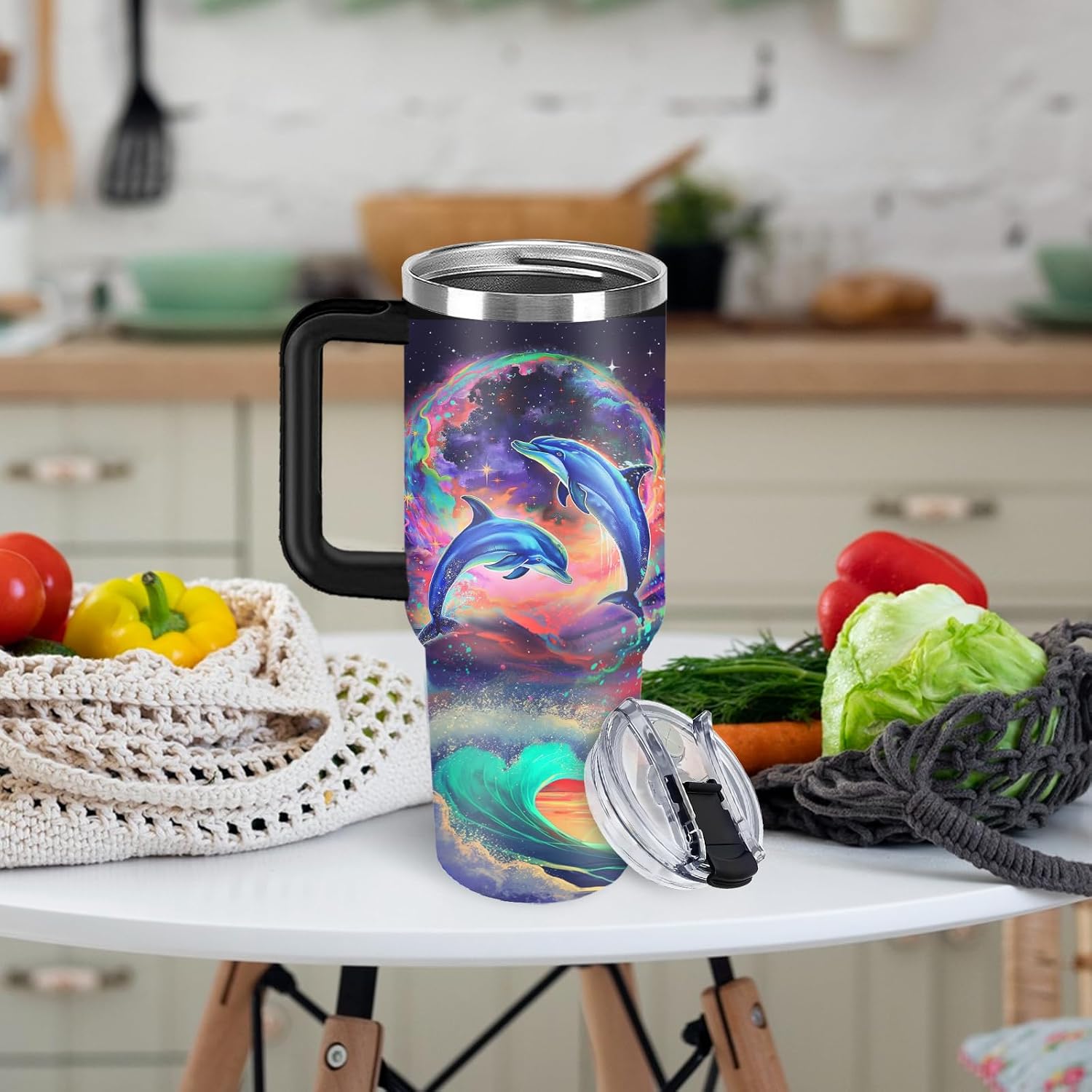 Dolphin Tumbler 40 OZ Ocean Themed Vacuum Insulated Travel Mug, Blue Ocean Dolphin Gift Coffee Cup for Marine Lovers Christmas Birthday Present image 2