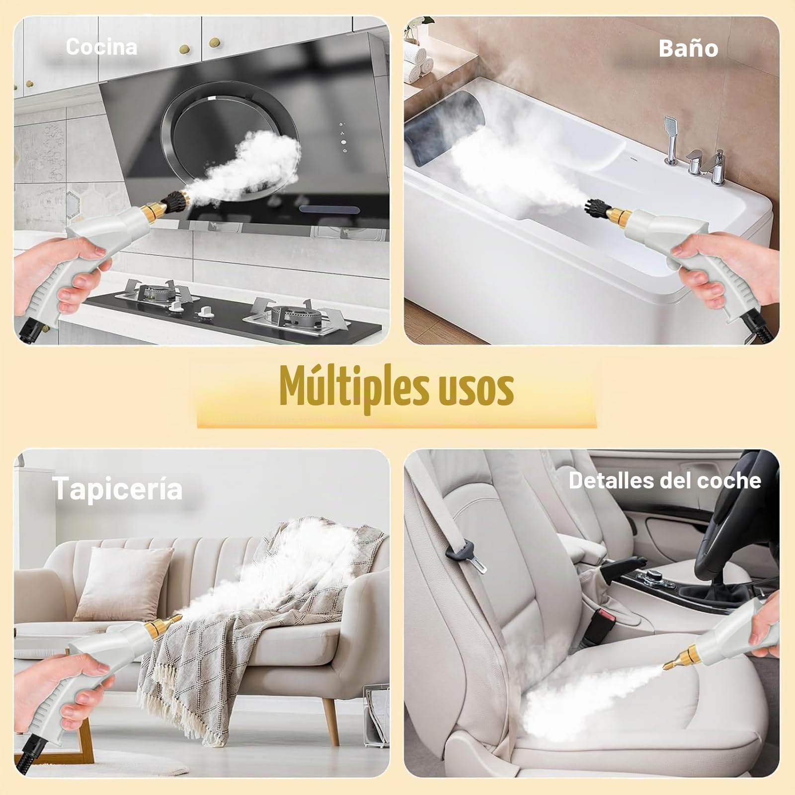 Limpiador de vapor de 2500 W, limpiador de vapor a mano, 1100 ml, tanque de agua de gran capacidad, con 3 cabezales de cepillo ajustables en 6 niveles para muebles de cocina, cuarto de baño