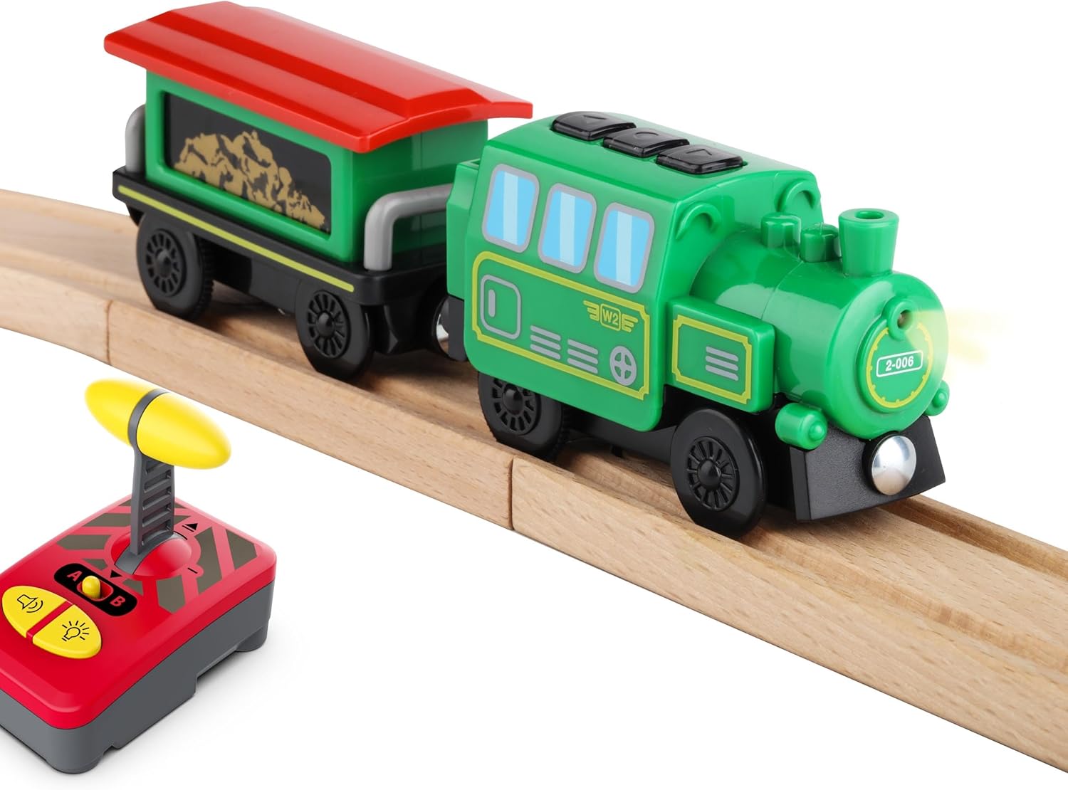 Remote Control Steam Train Set for Wooden Railway Tracks – Battery Operated Engine with Tender & Controller – Lights, Sounds, Magnetic Coupling – Compatible with Brio & Thomas – Ages 3+