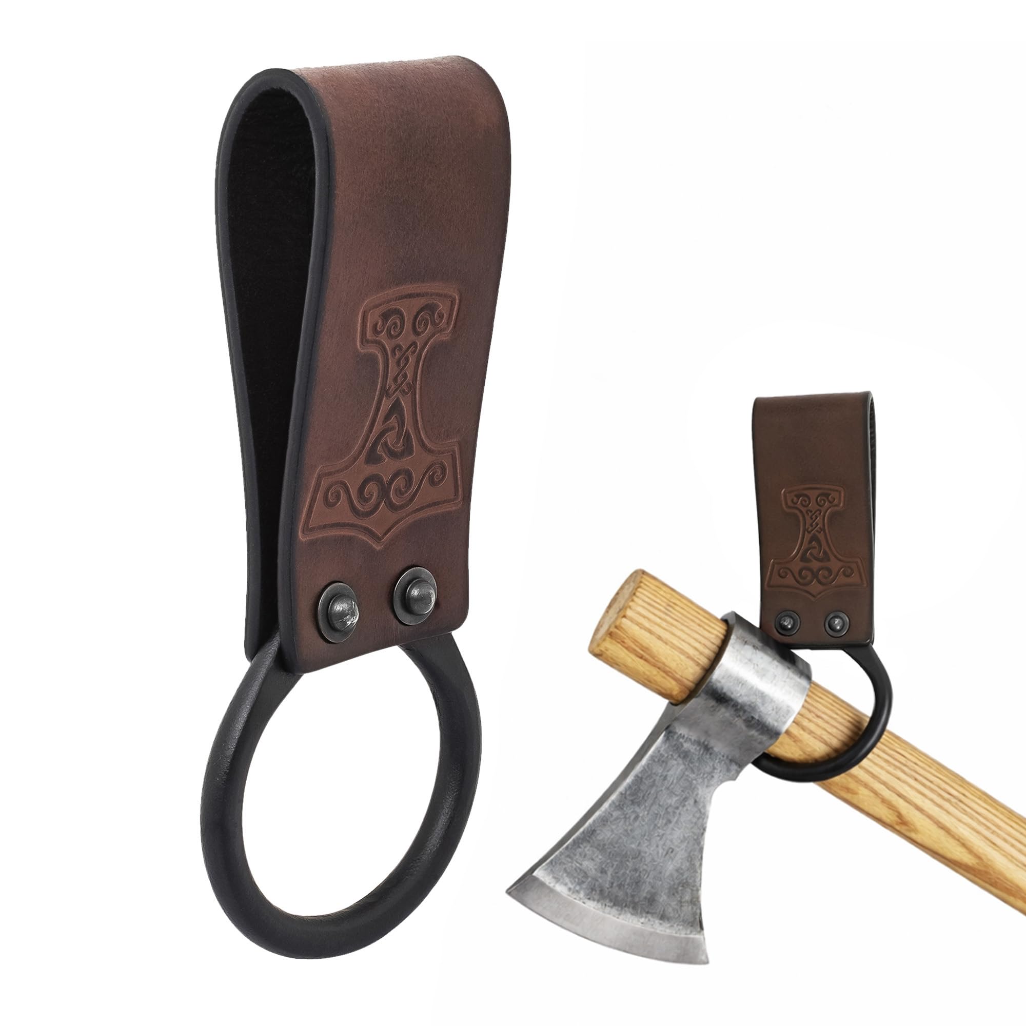 Lord of Battles Medieval Genuine Leather Axe Frog | Axe Holster with Belt Loop | Waist Holder for Axes, Tools (Mjolnir - Brown)