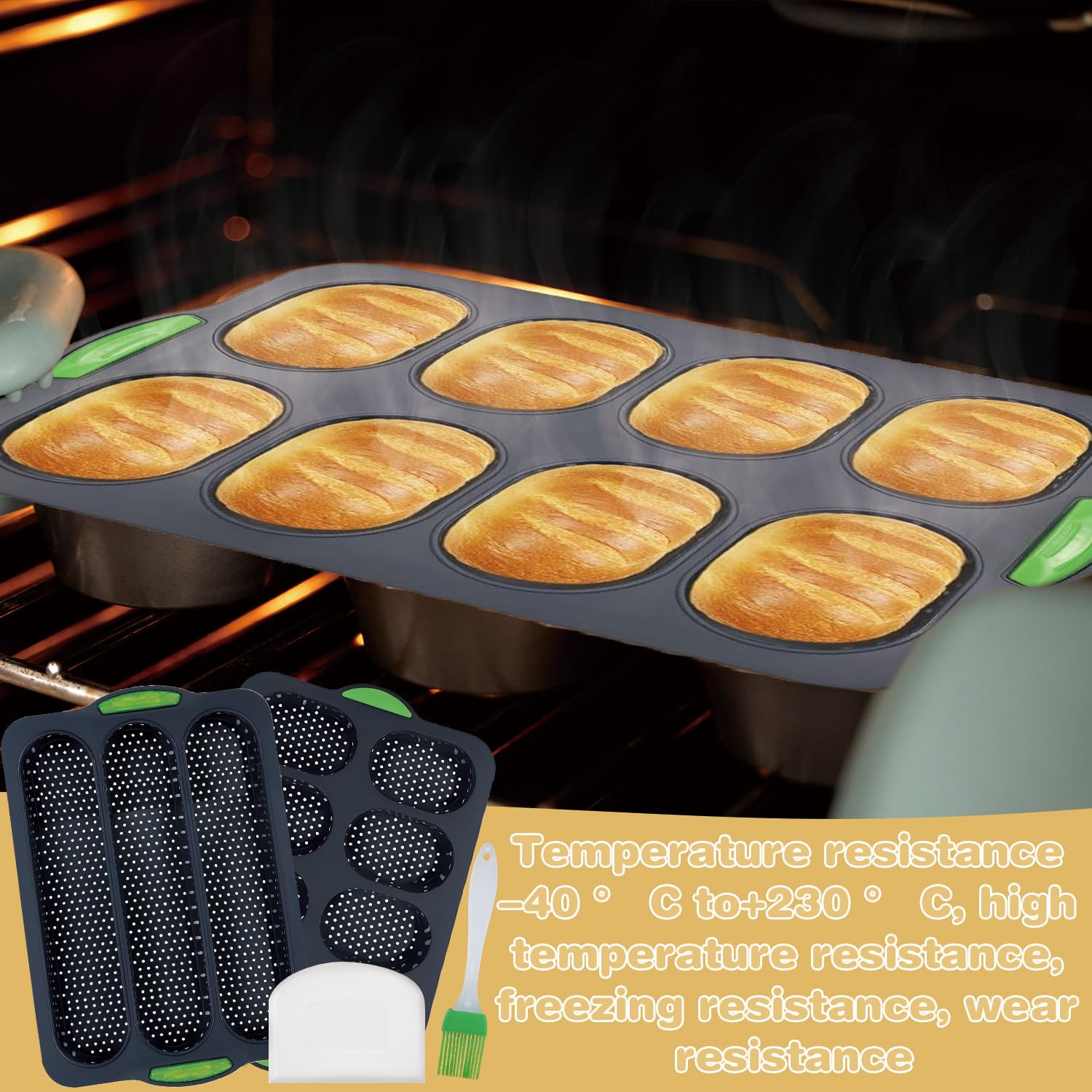 2 Moules à Baguettes En Silicone + 1 Pinceau Et 1 Coupe-pâte – 3 Cavités, Antiadhésif, Résistant à La Chaleur, Pour Pain, Muffins, Gâteaux, Biscuits