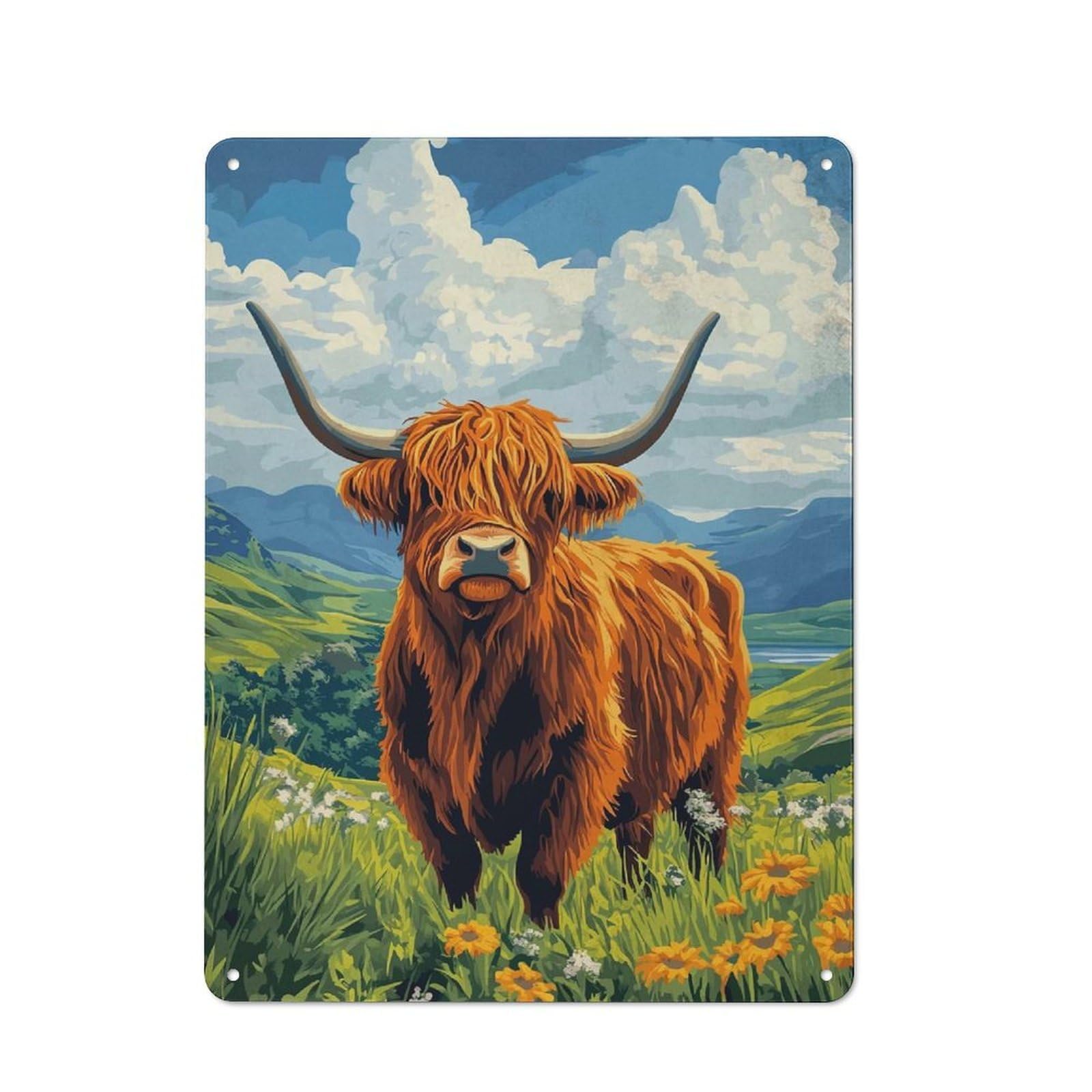 Junmoney Style-18 Tin Sign With Highland Cow Meadow Design 40X30cm, Creative Creative Space Decor For Home Office, Reading Corner Or Bedroom
