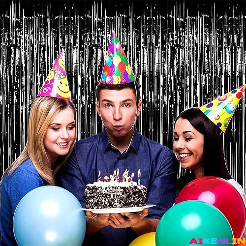 Miniatura 7 de Paquete de 4 cortinas telón de fondo de flecos de papel metálico negro, 3.2 pies x 9.8 pies, cortinas serpentinas de flecos de oropel metálico para