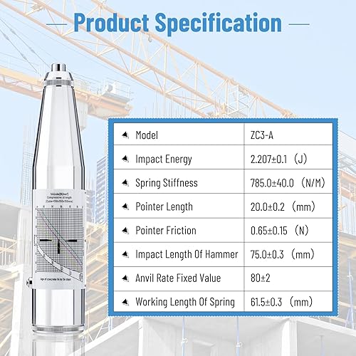 Miniatura 5 de Martillo de rebote de hormigón, probador de martillo de hormigón, 10-60Mpa (1450-8702psi), probador de hormigón herramienta de medidor de prueba de
