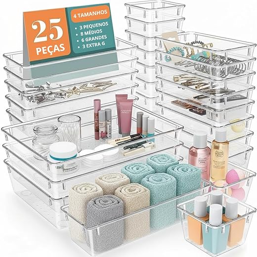 Kit com 25 Organizador Acrílico Modular Empilhável de Gaveta para Bebê, Banheiro, Cozinha, Escritório
