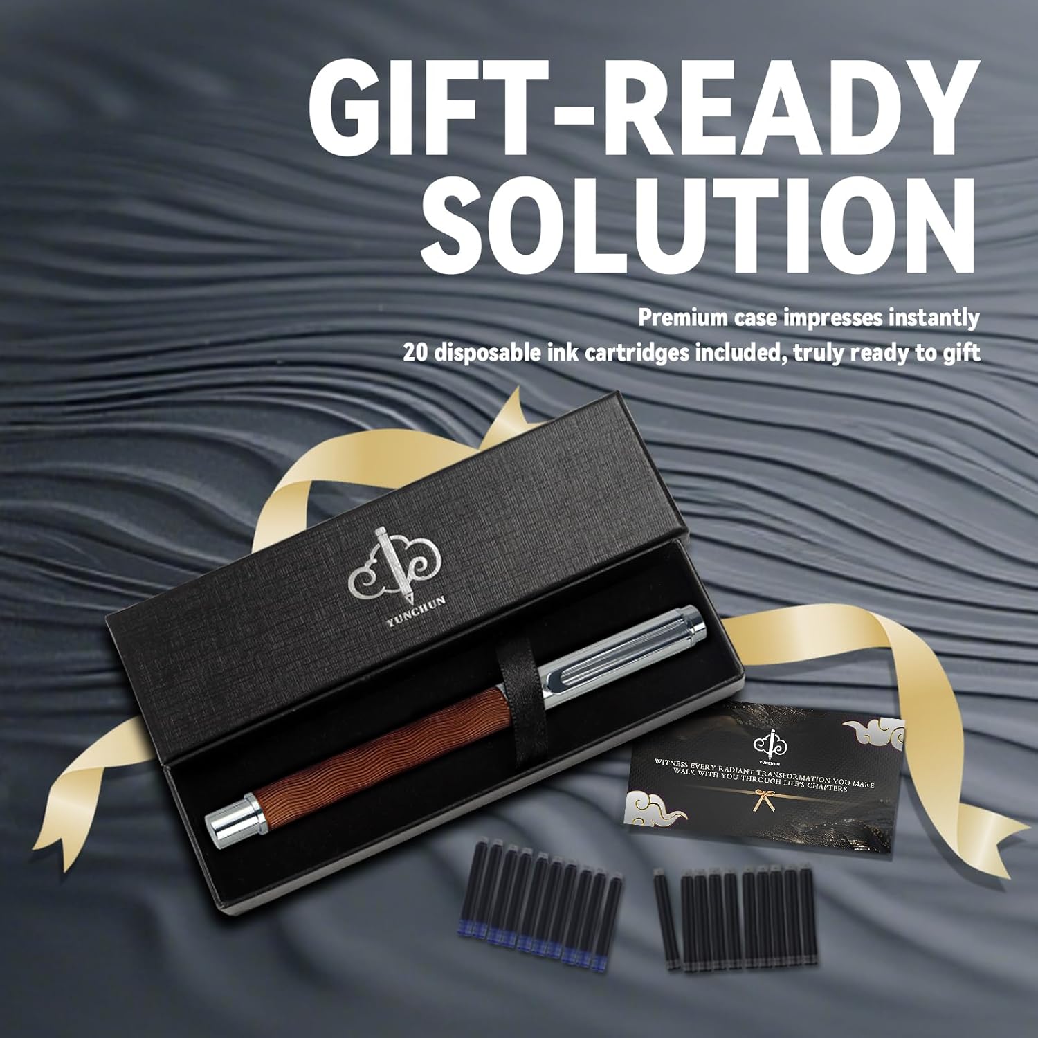 YUNCHUN Fountain Pen Set, Refillable Fountain Pen with 10 Ink Cartridges, Pen Sets for Men Gift, Fountain Pen Medium Nib, Boligrafo Elegante Black Ink, Streamline Design Ink Pen, Brown - Image 8