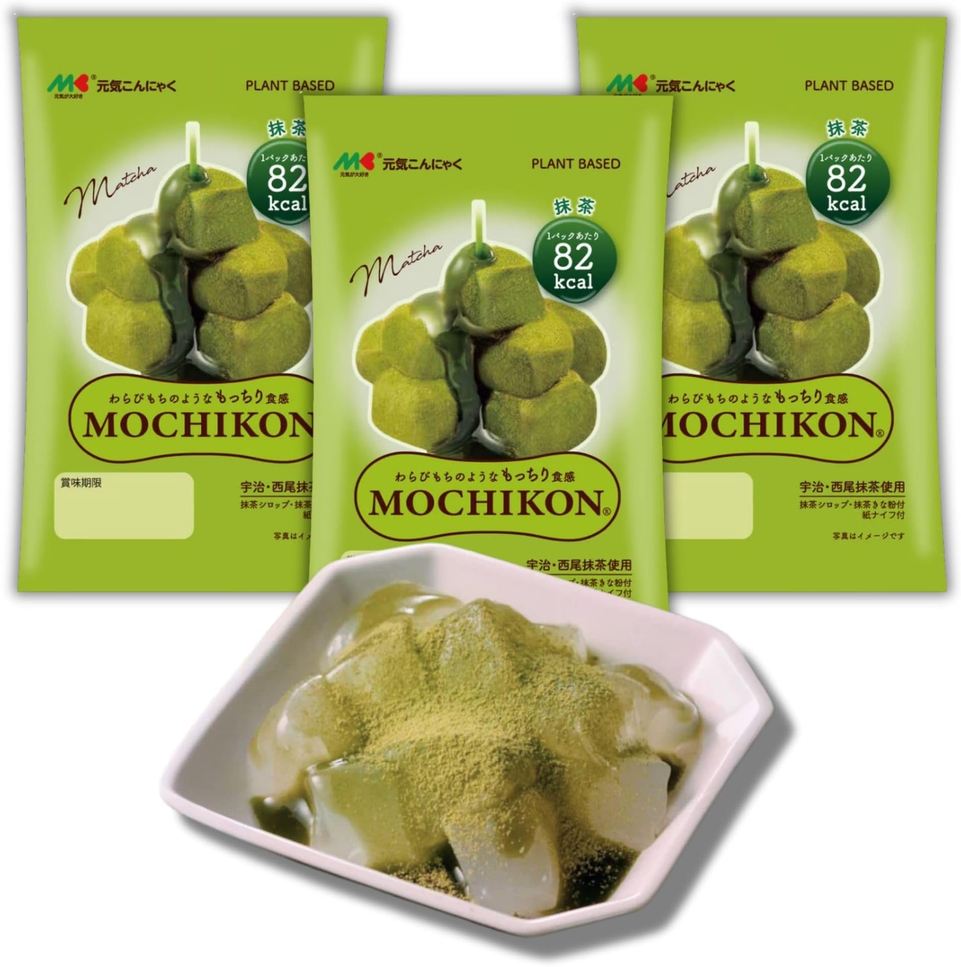 Mochikon - Ready-to-Eat Konjac Dessert with Mochi-Like Chewy Texture, Gluten-Free Dessert, Plant-Based, Healthy Snack, Made in Japan, 100g by B-GENKi, Marukin Foods (Pack of 3) (Matcha)