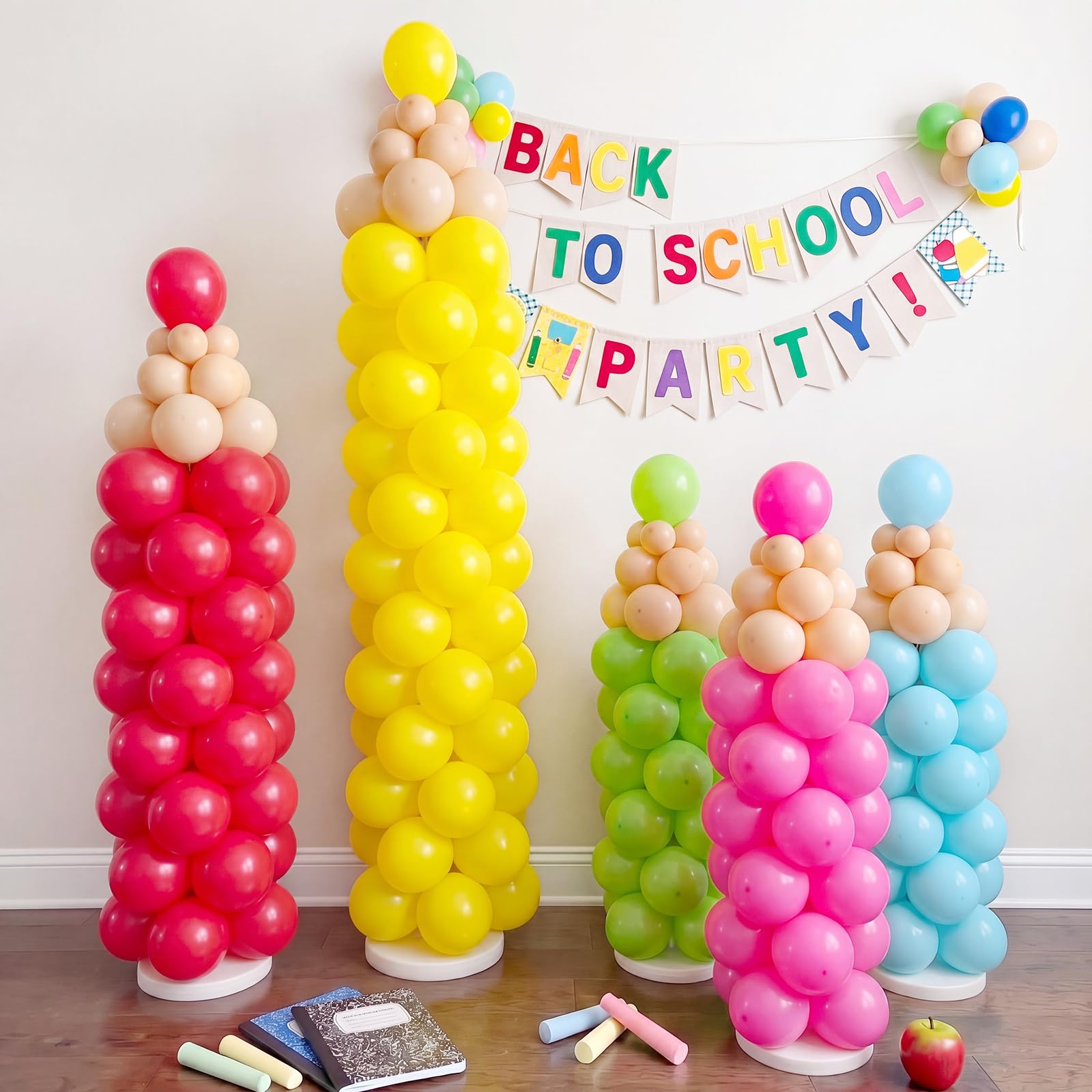 Capoda Set di 306 palloncini a forma di matita per il rientro a scuola, confezione da 5 pezzi, dimensioni regolabili, decorazione a torre in lattice per il primo giorno in classe, scuola, feste